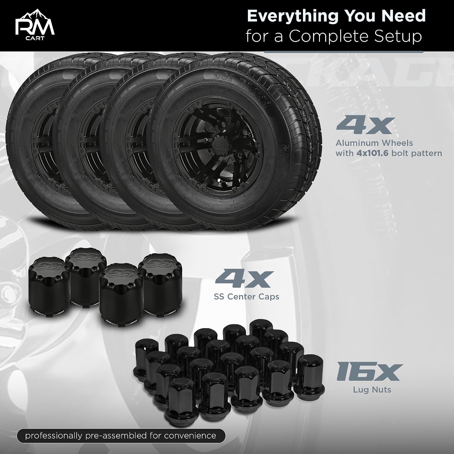 RM Cart 10" Yukon Matte Black on 205/65 R10 LSI Elite Radial Tires (Set of 4) | Golf Cart Tires and Wheels Combo with Standard Lug Nuts