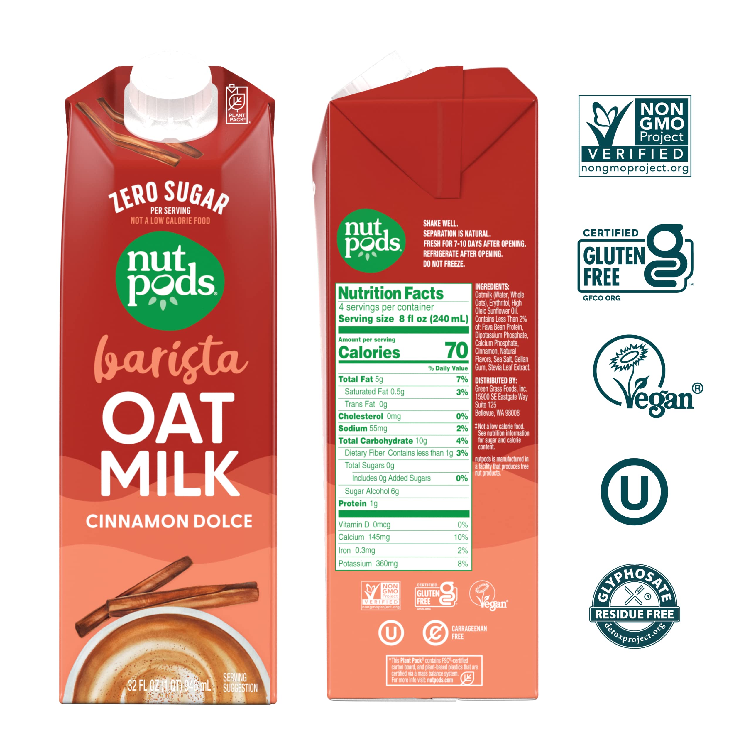 nutpods Cinnamon Dolce Barista Oat Milk Sugar Free Non Dairy Milk