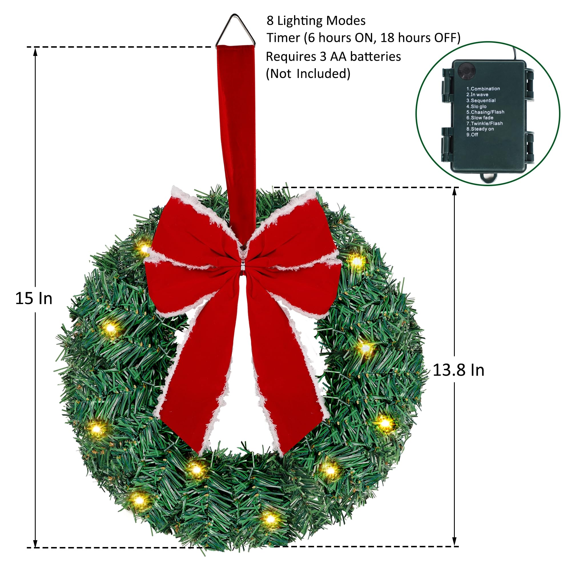 ATDAWN Lot de 3 mini couronnes de Noël éclairées pour porte d'entrée, décorations de fête de Noël (nœud rouge)