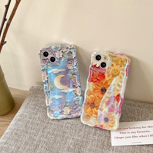 Miniatura 4 de Funda para iPhone 13 Pro, lindo diseño de borde ondulado transparente IMD con flores de patán, duradera, a la moda, retro, de silicona, funda