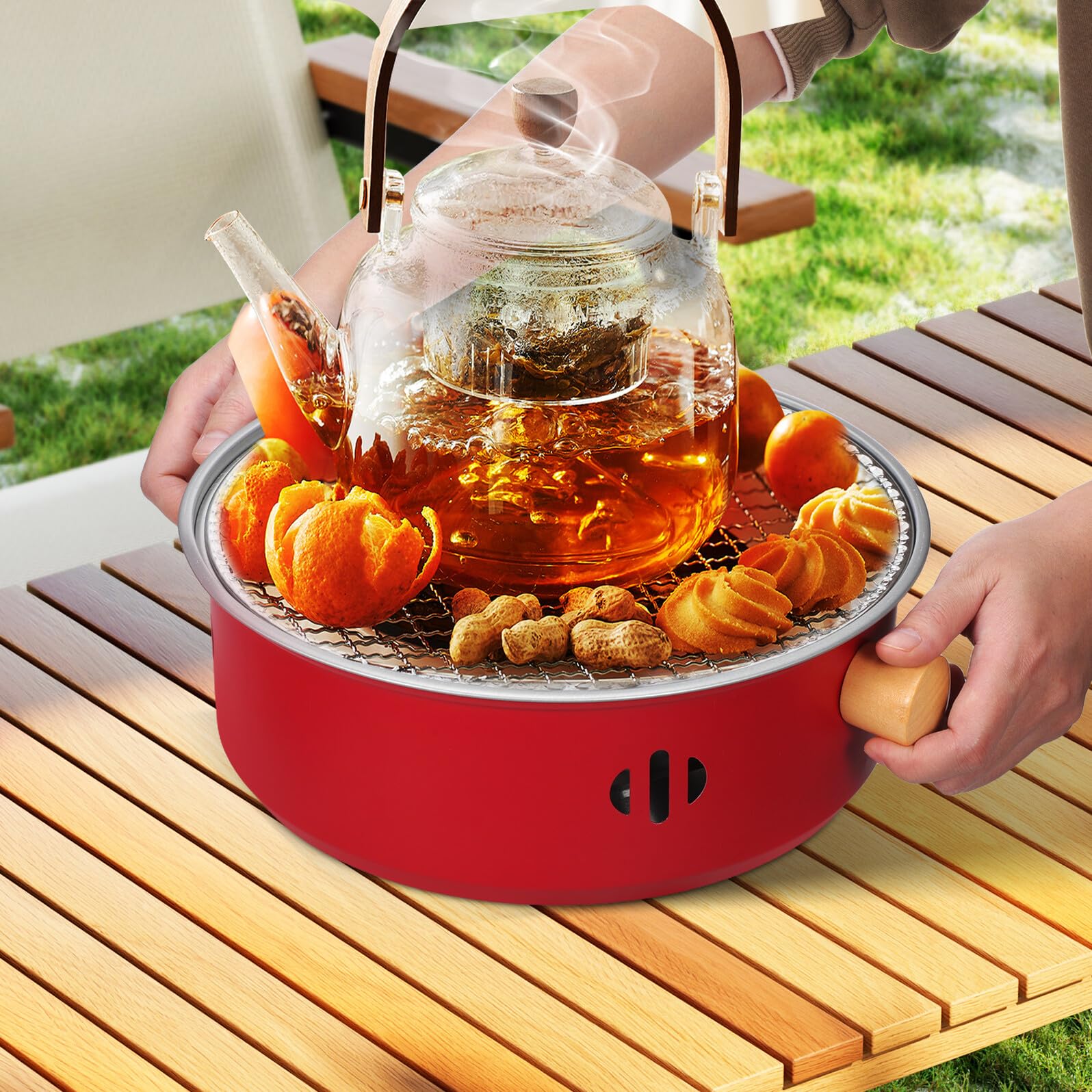 Barbecue Portatile a Carbone in Ferro Manici in Legno Mini Fornello da Tavolo per Esterni e Interni Set Compatto per Campeggio Picnic e Feste in Giardino Griglia Sollevabile e