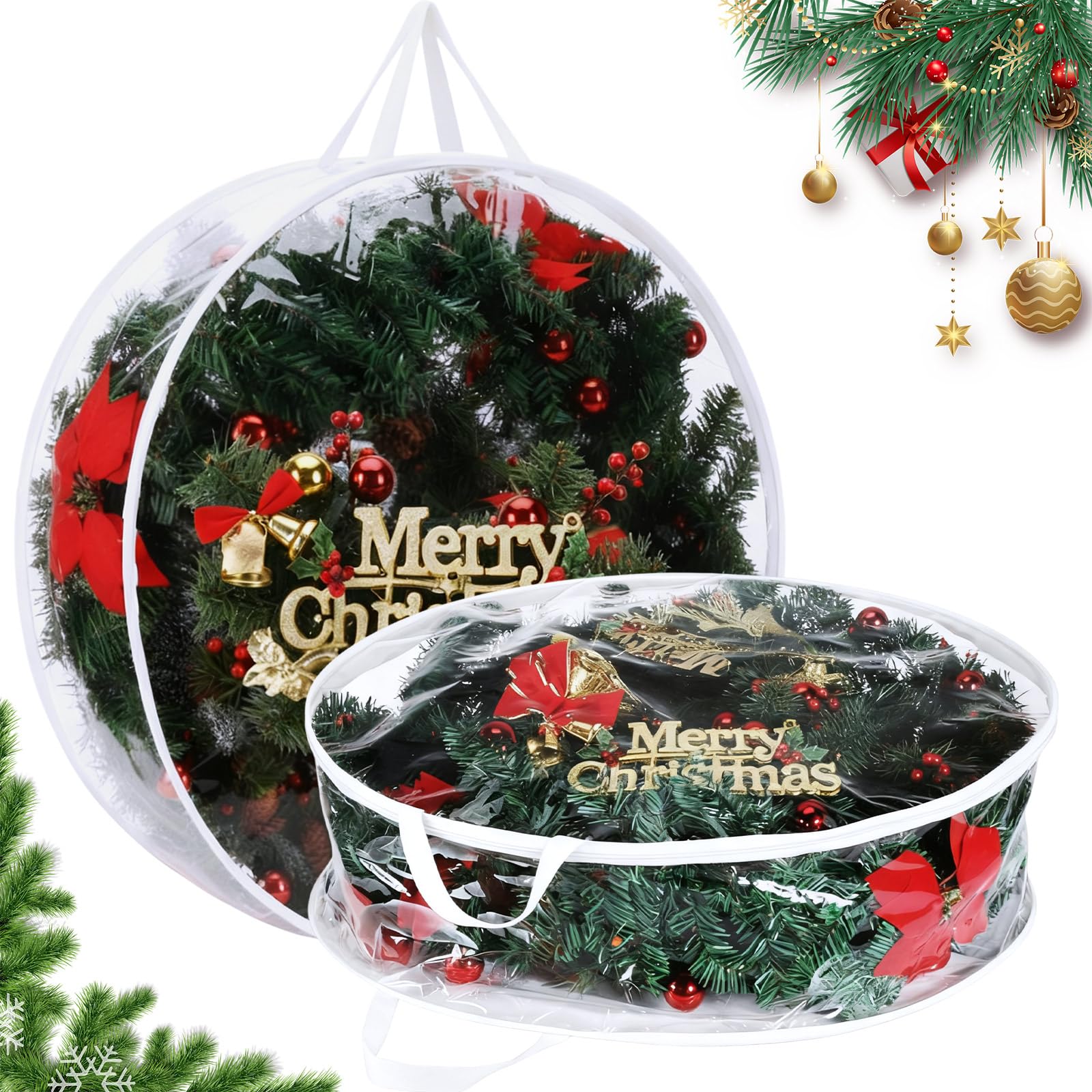 Shappy 2 Pcs Clear Christmas Wreath Container 24 Inches Xmas Storage Bag