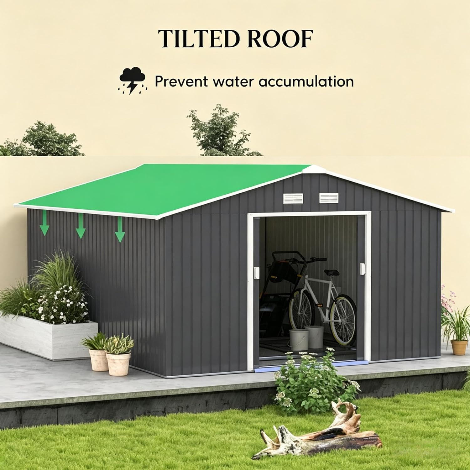 Outdoor Storage Shed with Foundation Kit, Backyard & Garden Tool Shed, Metal Shed with Double Sliding Doors and Ventilation, Weather-Resistant and Durable Galvanized Steel Construction