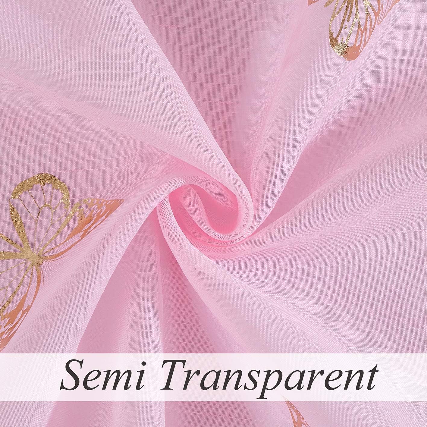 Jubilantex Pink Butterfly Sheer Curtains Gold Print Drapes for Baby Girls Nursery, Kids Bedroom 84 Inch Long Toddler Linen Textured Curtain Rod Pocket Window Treatment Sets, 2 Panels