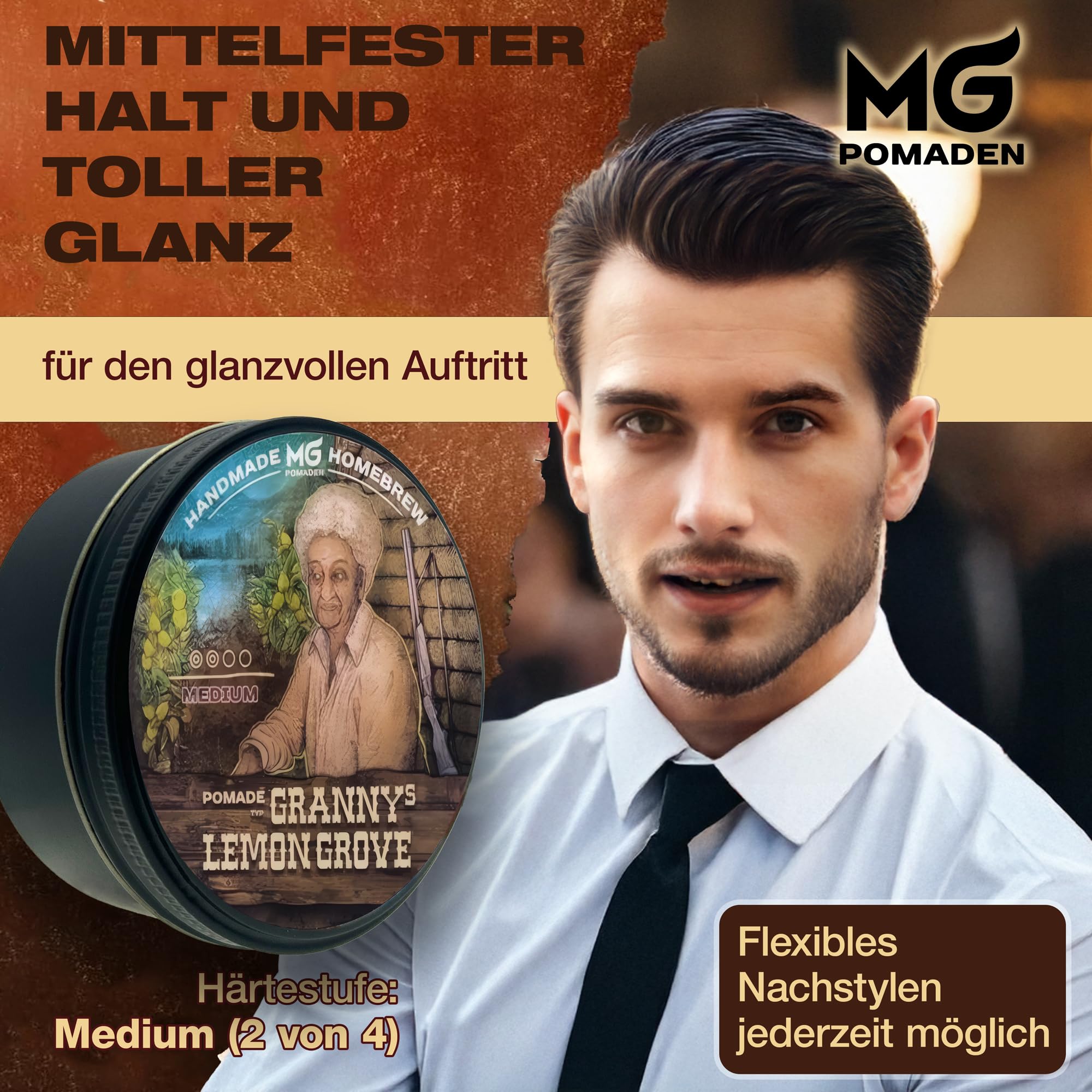 MG Pomade GRANNY’S LEMON GROVE – Pomade huileuse brillante – Tenue moyenne – Cire coiffante naturelle cheveux homme femme – Finition brillante, coiffage classique - parfum citron frais