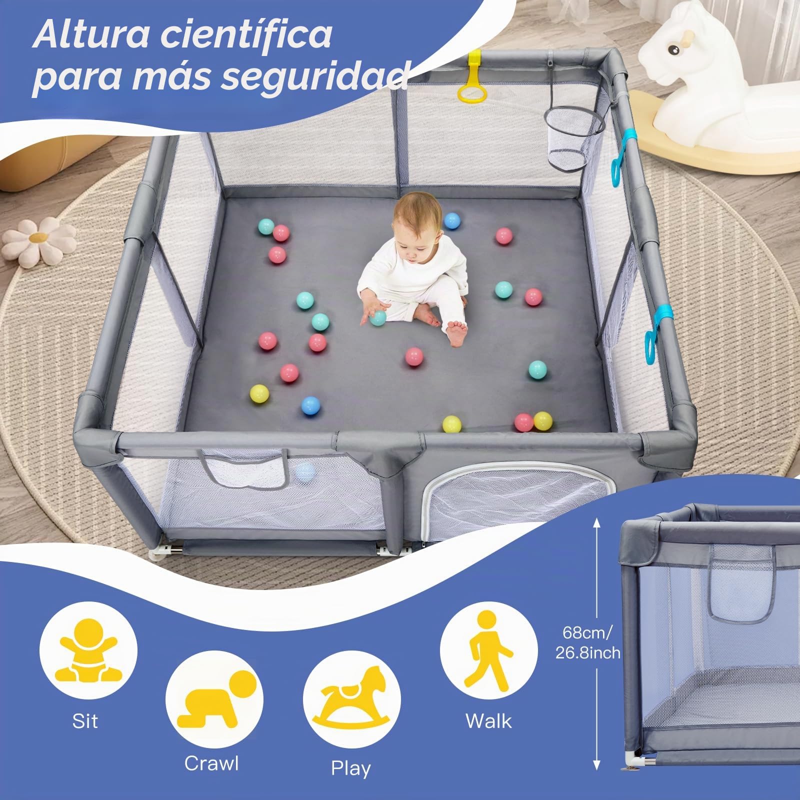 CHOLY Playpen para bebés y niñeros, lápiz de juego duradero con malla transpirable visible, protección de espuma, fácil de montar, 128 x 128 cm (gris oscuro, 128 x 128 cm)