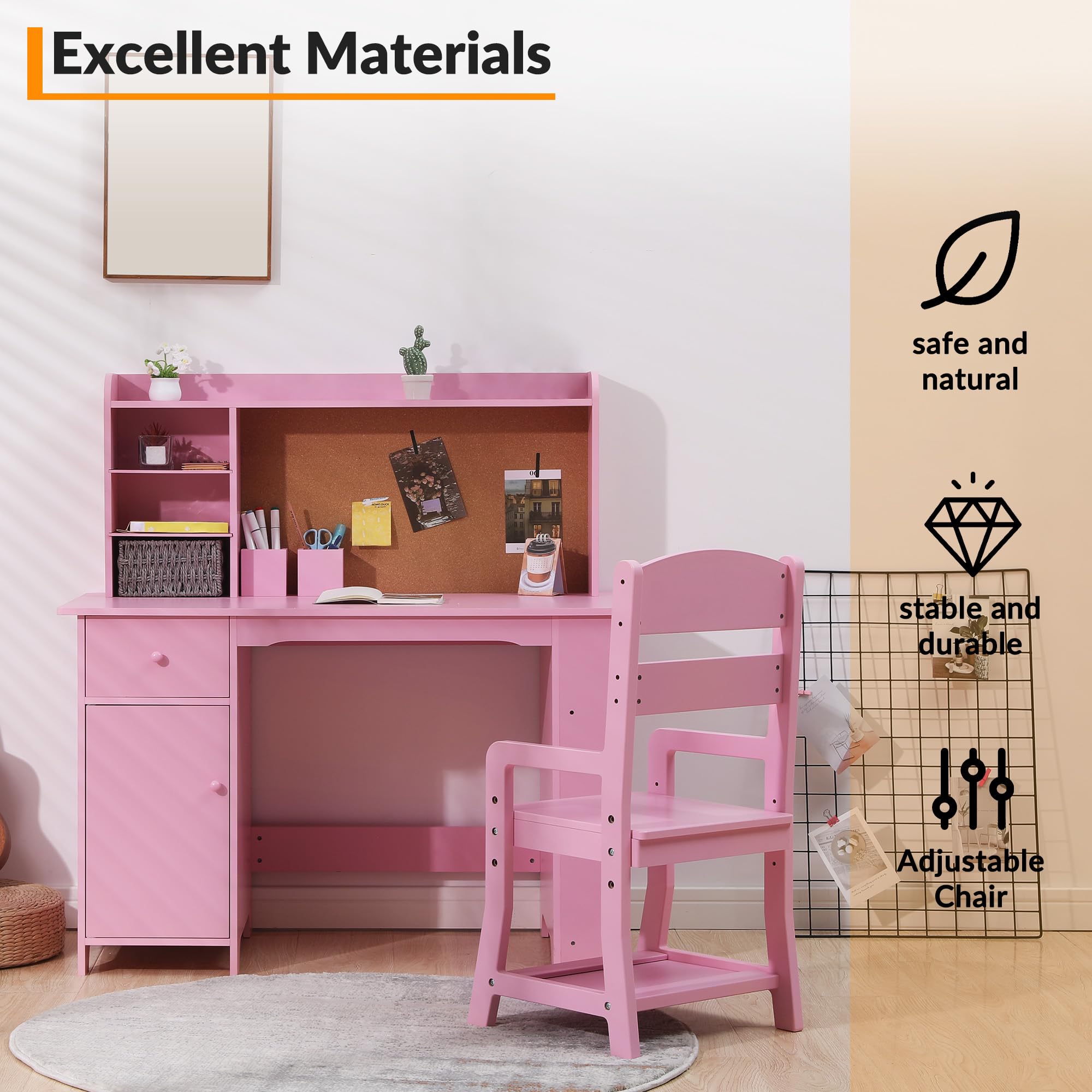Garvee Kinderschreibtisch, Schreibtisch- und Stuhlset für Jungen und Mädchen, Holzschreibtisch mit Bücherregal, Pinnwand, Schrank und Schublade für Kinder von 3-8 Jahren, Rosa