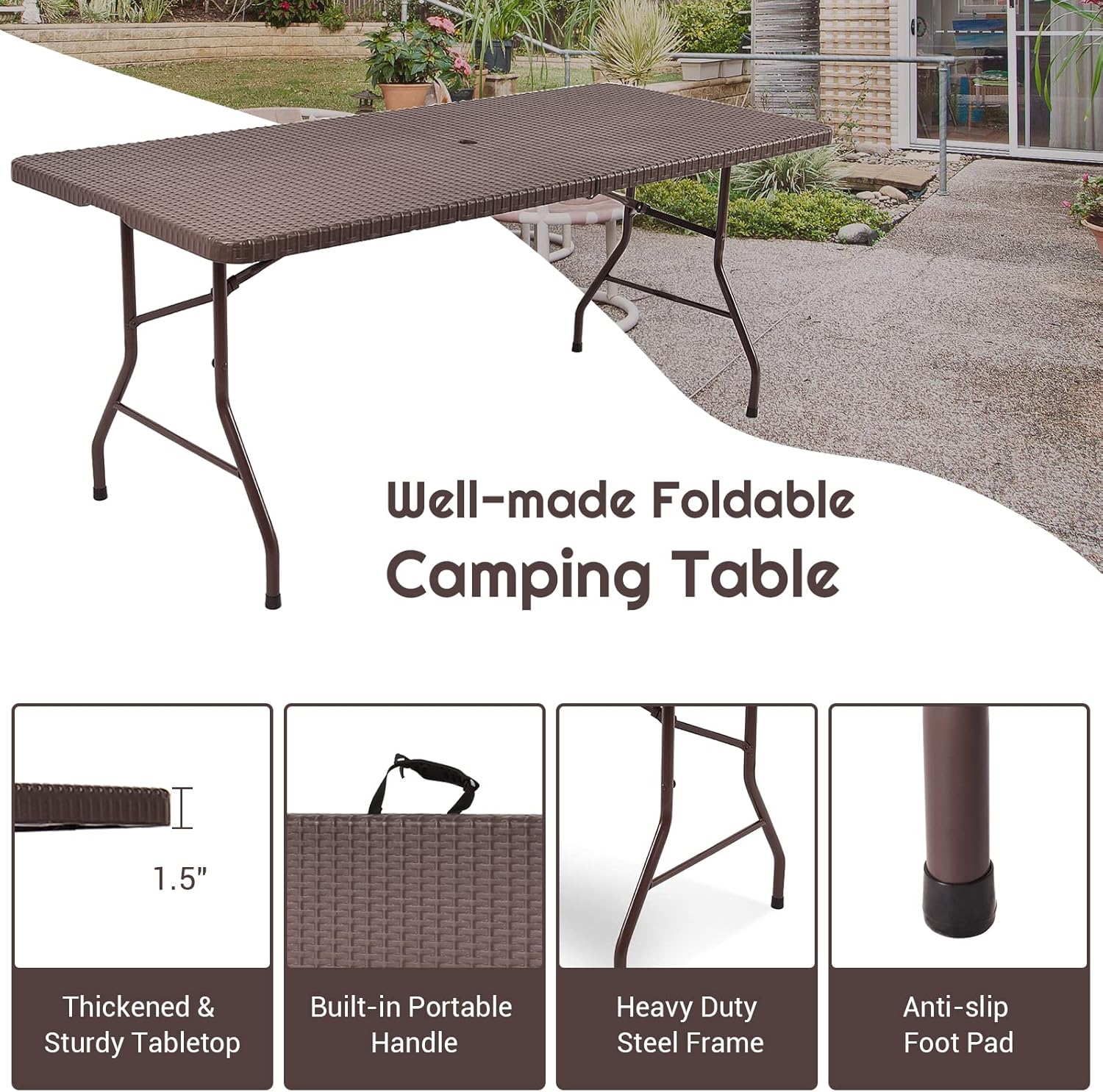 GYMAX 6FT Folding Table, Portable Lightweight Camping Table with Carry Handle, Easy Fold Up Rectangle Indoor/Outdoor Collapsible Table for Camp, Picnic, BBQ, Patio (Rattan Tabletop with Umbrella Hole)