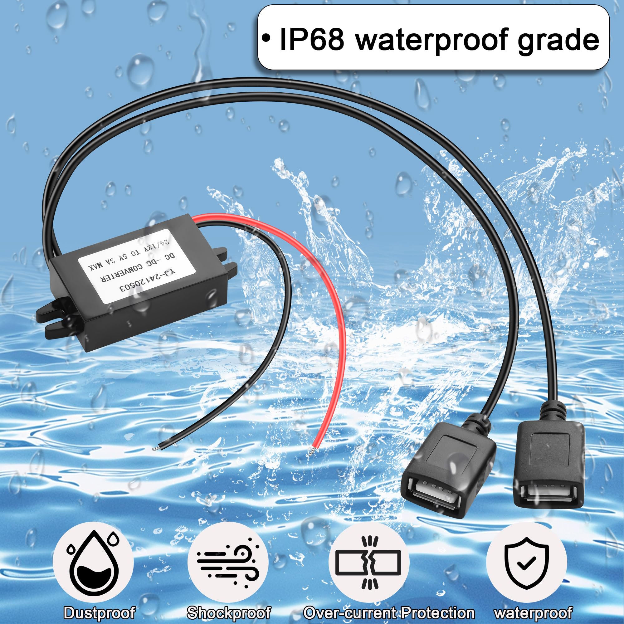 Convertitore di alimentazione femmina USB doppio da 12V 24V CC a 5V 3A 15W Adattatore di alimentazione step down DC-DC,adattatore di alimentazione con modulo buck impermeabile per auto