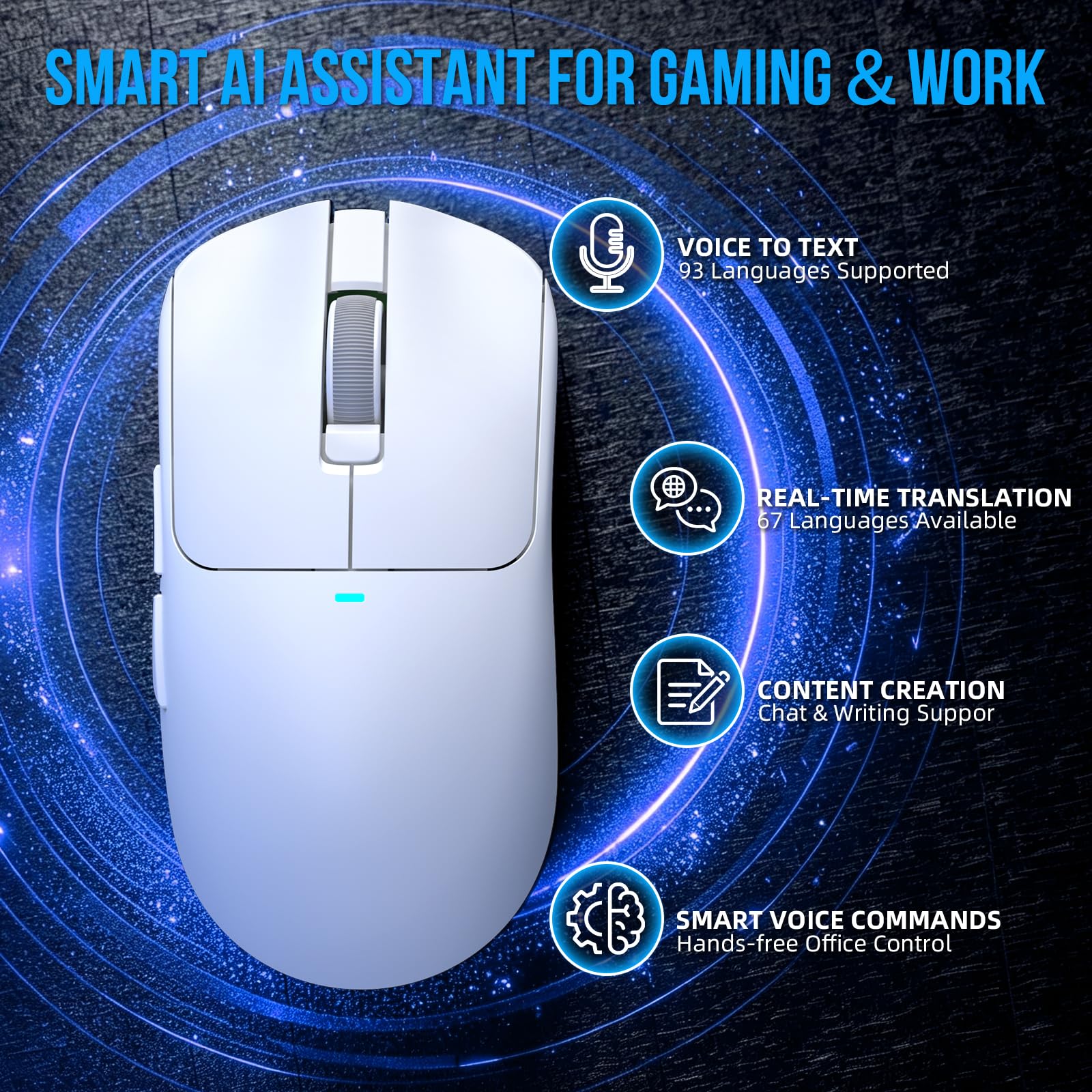 A.JAZZ AJ200P NL Ultra Ratón Gaming Inalámbrico IA, PAW3950 y Base de Carga | Tri-Modo 8K Cable/4K NearLink 2.4G/BT, Mecanografía e IA Coach, 50-42000 DPI, 100M Clics, 65g Superligero Ergonómico - Blanco