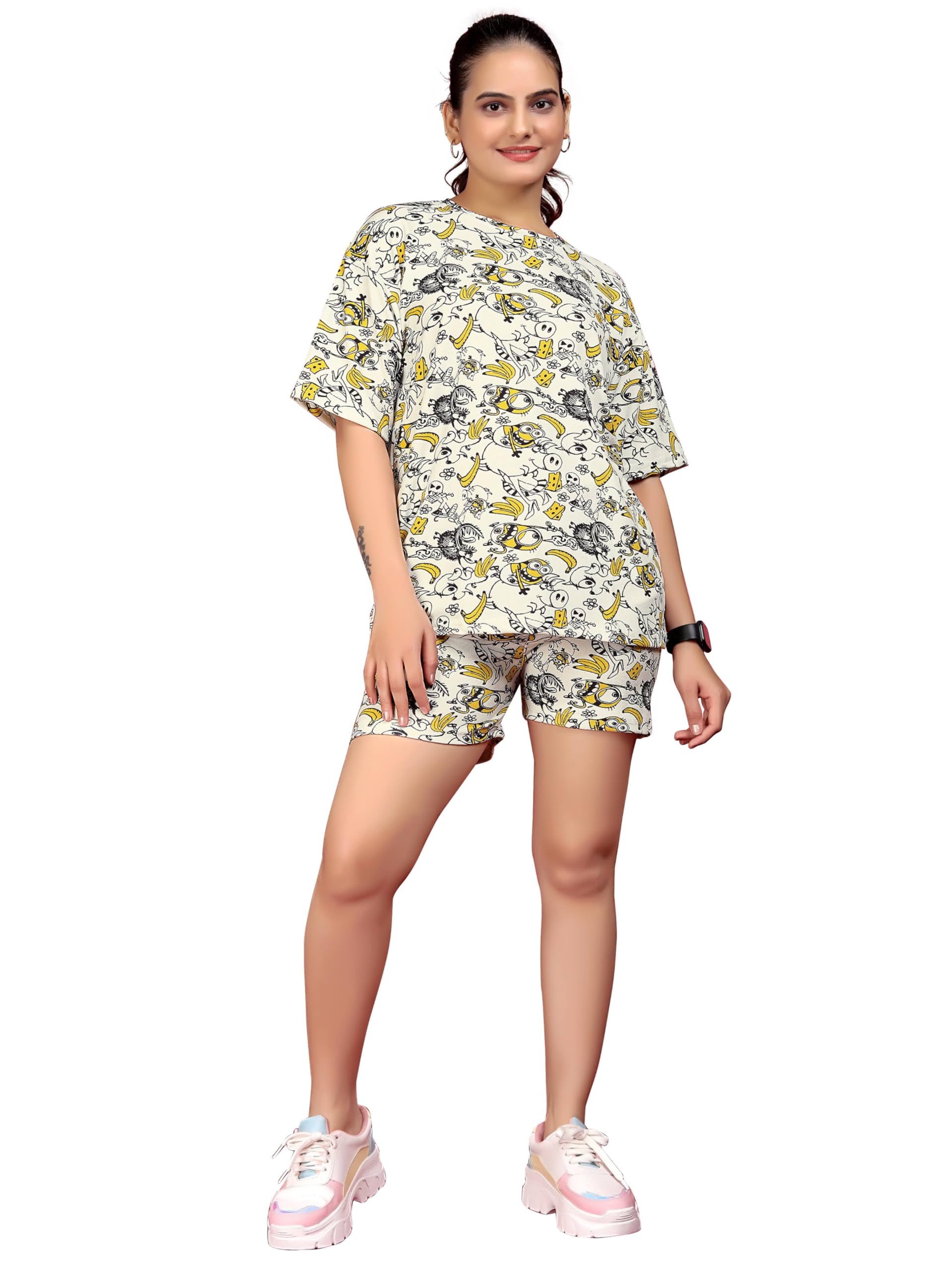 bhulax Women's Round Neck Night Suit in Polyester Lycra And Gym Outfit with Side Pockets and Drawstring Waist-picture-43