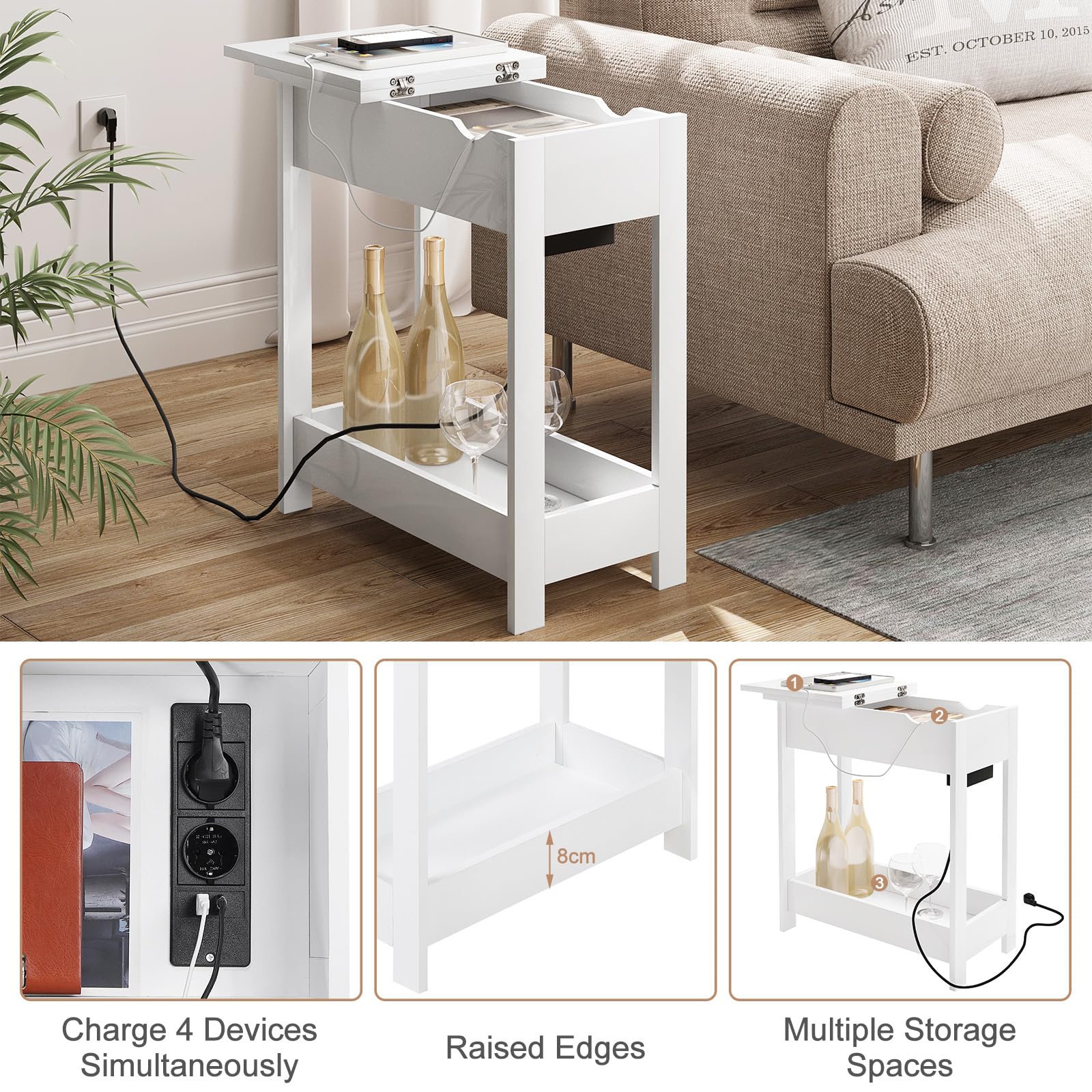 EUGAD Mesita Auxiliar, Mesa de Sofa con Tablero Plegable, Compartimento Oculto y Estante de Almacenaje, Mesita Estrecha con Enchufe y Puertos USB, Ideal para Salón y Dormitorio, Blanco