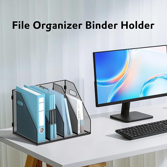 SUPEASY Binder organiser, Magazine File Holder with 4 Vertical Compartments Rack, Metal Desk File organiser & Binder Holders, Magazine organisers for Office Desktop, Home, School (Black)