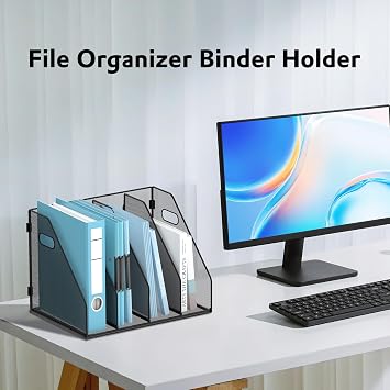 SUPEASY Binder organiser, Magazine File Holder with 4 Vertical Compartments Rack, Metal Desk File organiser & Binder Holders, Magazine organisers for Office Desktop, Home, School (Black)