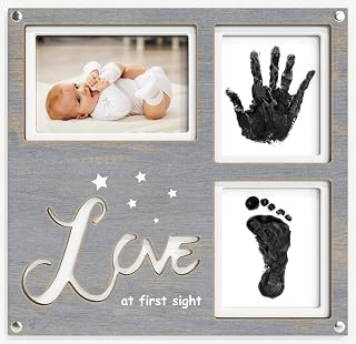 1Dino Premium Baby Handprint and Footprint Kit - 12.6” x 12.2" White/Grey Wood Baby Picture Frame - Includes 2X Clean Touch Ink Pad for Baby Hand and Footprints - Baby Registry, Baby Shower Gifts