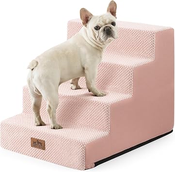 COZY KISS Dog Stairs for Small Dogs, 4 Step Pet Stairs for Beds & Couches | 17.7" H Non-Slip Dog Steps for Bed, Wider for Puppies, Senior Cats, and Small to Medium Dogs, 15.7x23.6x17.7 in, Light Brown