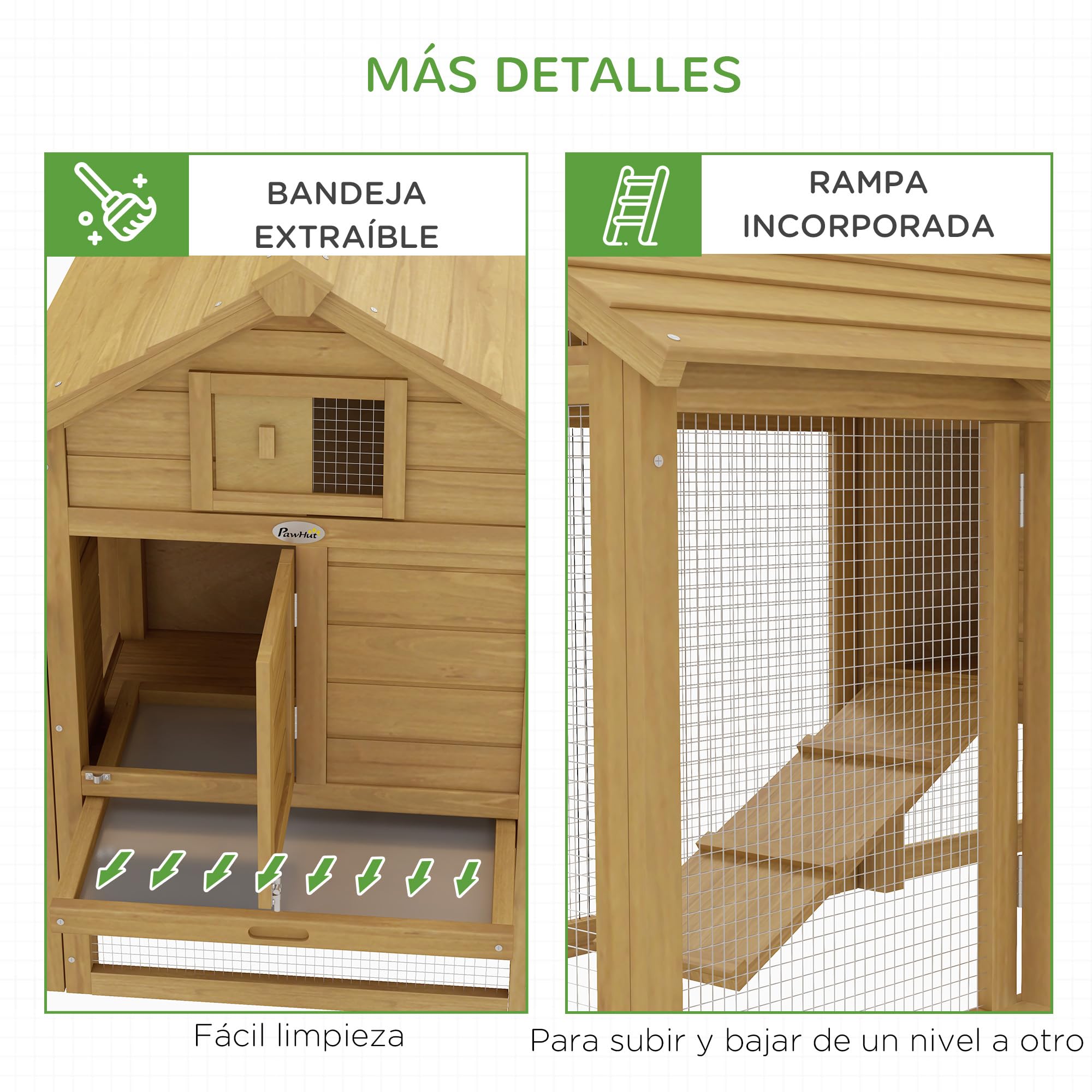 PawHut Gallinero de Madera para Exterior XXL con 2 Corrales, Caja Nido, Bandeja Extraíble 151,5x54x87 cm