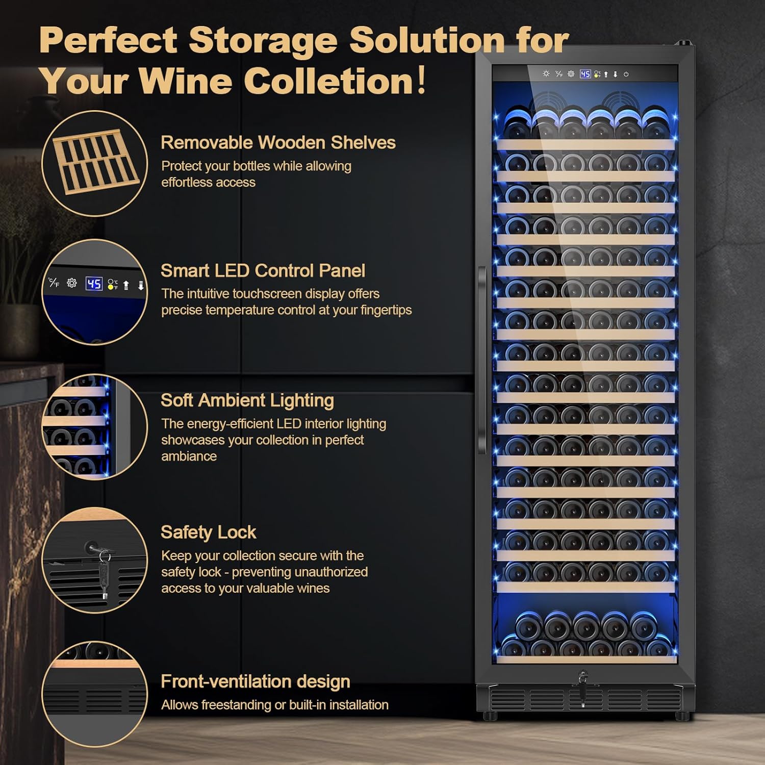 Upgraded 190 Bottles Wine Cooler Refrigerator,24 Inch Wide Wine Fridge with Professional Temperature Control System,Freestanding or Built-in installation, Quiet Operation,Black