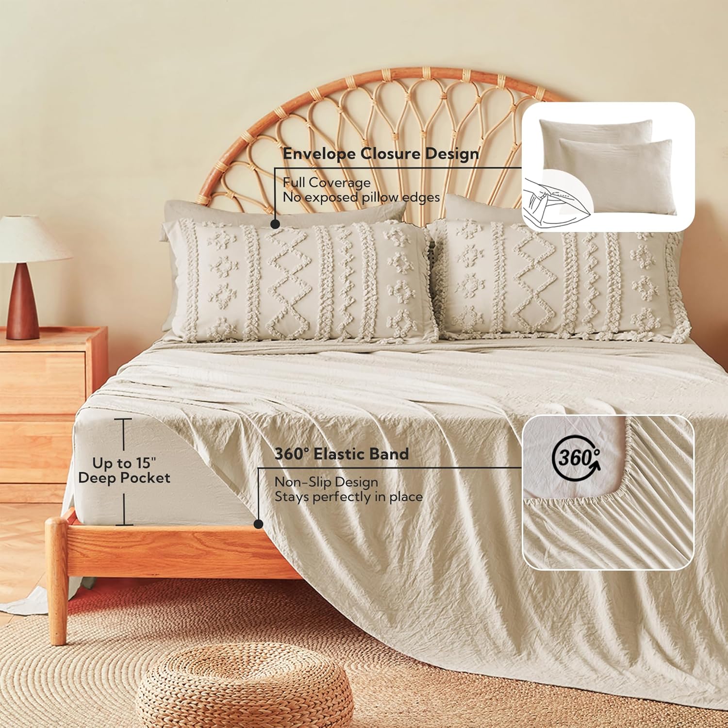 MR&HM Tufted Boho Comforter Set Queen, Linen Farmhouse Bedding Set, Bed in a Bag Set 7 Pieces with 1 Comforter, 2 Pillow Shams, 2 Pillowcases, 1 Flat Sheet, 1 Fitted Sheet for All Seasons - Image 5