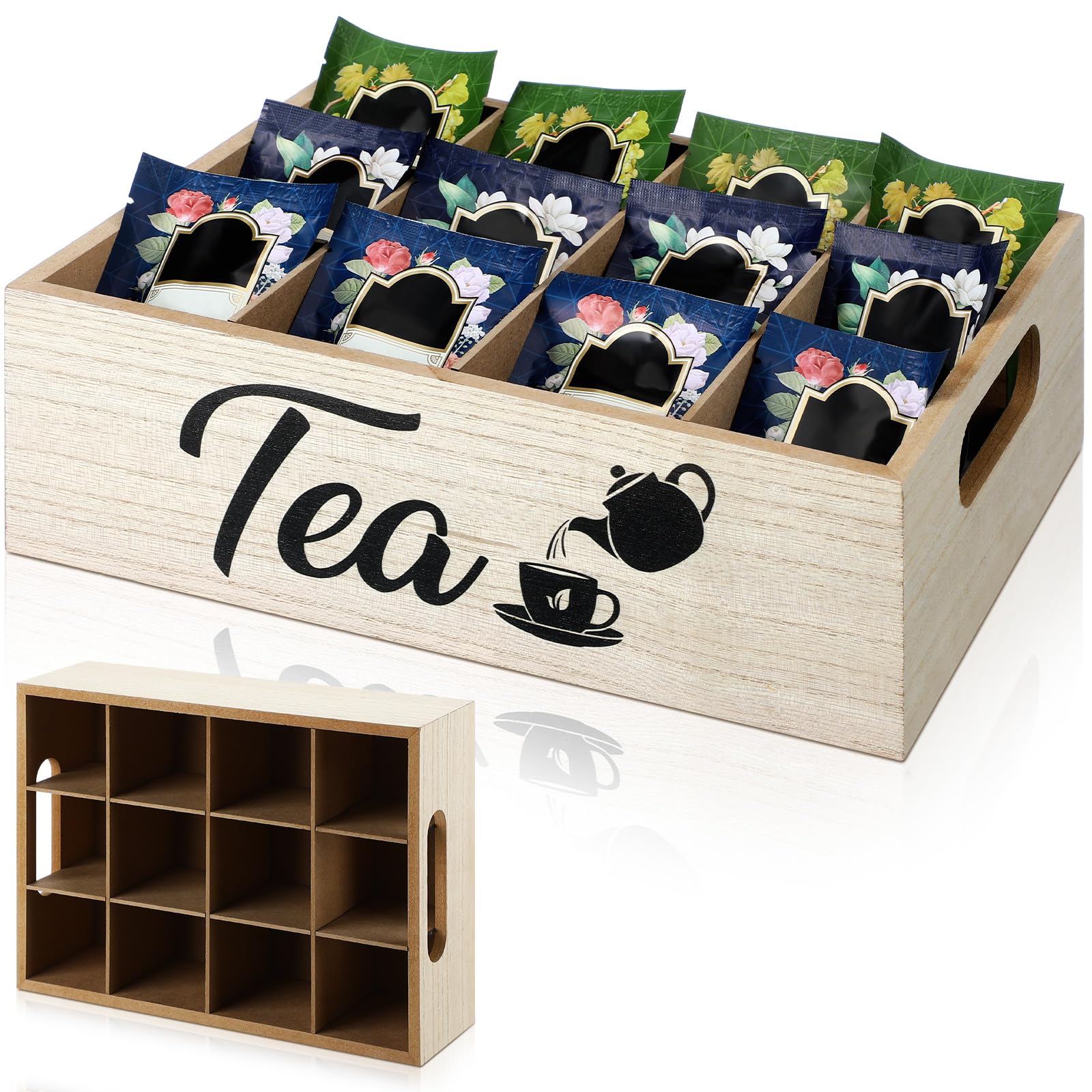 GlikCeil Bamboo Tea Bag Organizer with 12 Compartments Reusable Wooden Tea Box Holder Drawer with Handles Divided Storage Organizer for Coffee Station, Sugar Packets, Sweeteners, Small Packets