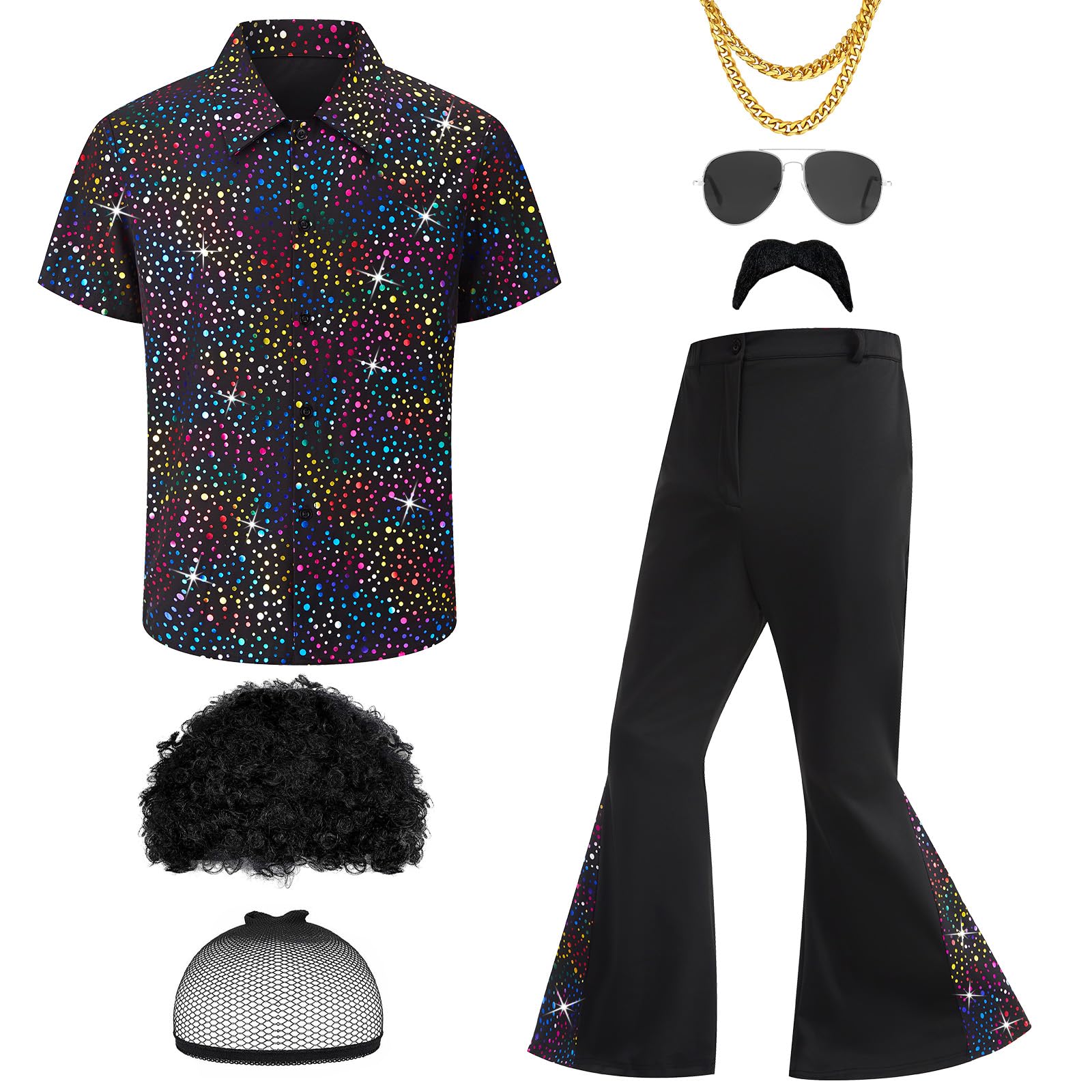 Ezuwail Men's 70s Disco Outfit Costume Short Sleeve Shirts Flared Pants Wigs Necklace Moustache Sunglasses 6 Pieces, black, XL