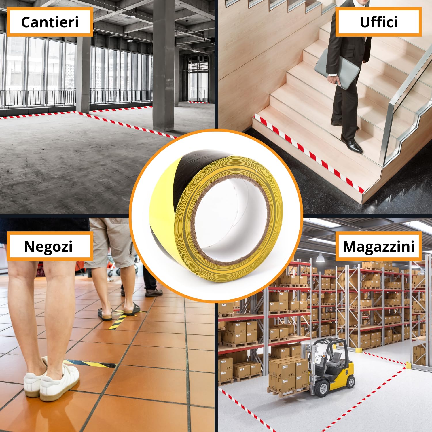 GTSE - Nastro adesivo segnaletico - 50 mm x 33 m - Per pavimenti e segnalazione di pericolo - A strisce giallo/nere