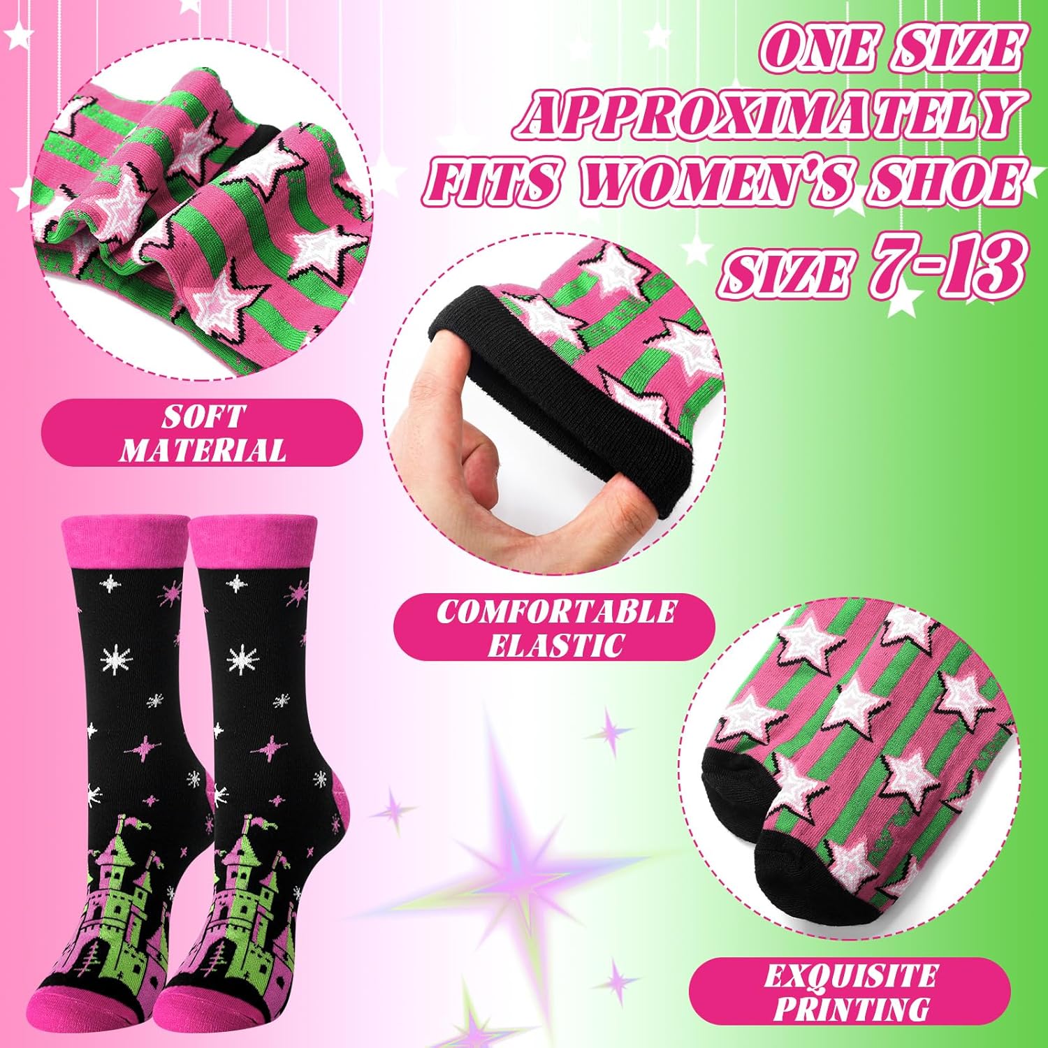 Haysandy 6 Pairs Witch Novelty Socks for Women Pink and Green Witch Crew Socks Gifts for Family and Friends Hide and Seek Fun Christmas Halloween Party Supplies - Image 2
