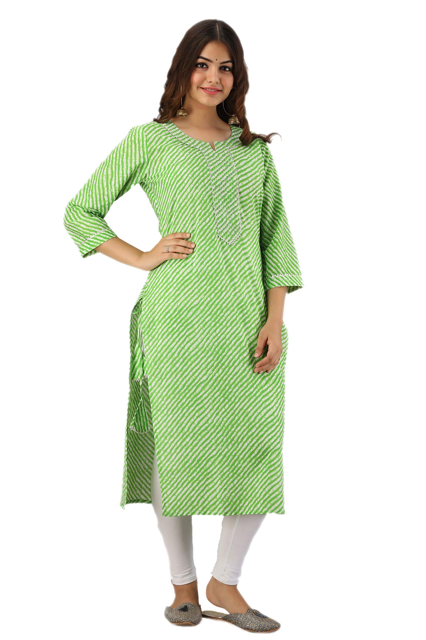 JFT Jaipur Fabtex Cotton Leheriya Printed Calf Length Light Green Casual Kurta for Women
