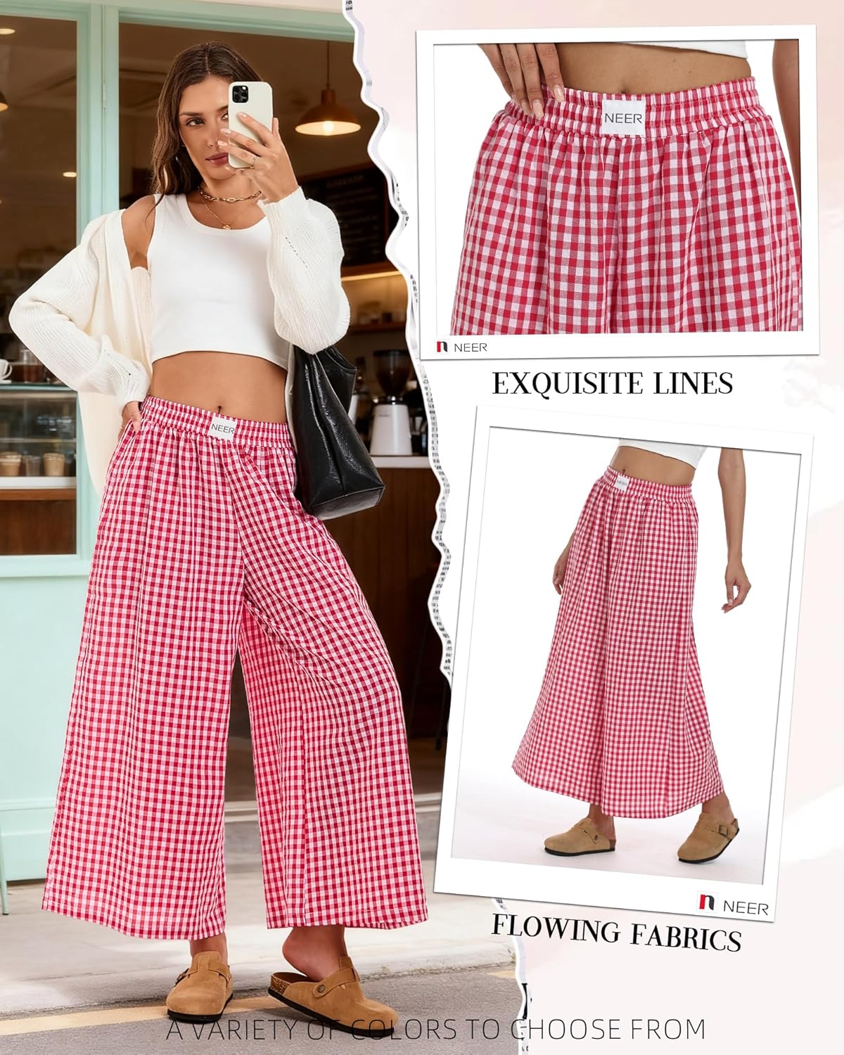 Neer Women's Plaid Gingham Skirt Pants Flowy Oversized Wide Leg Elastic Waist Palazzo Casual Trousers with Pockets - Image 4