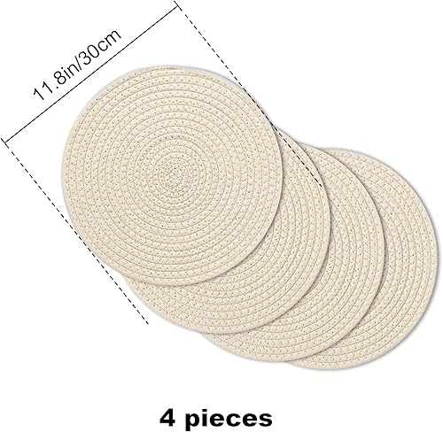 Miniatura 9 de fanquare Paquete de 4 manteles individuales grandes y redondos de algodón trenzado para decoración de mesa, resistentes al calor, antideslizantes,