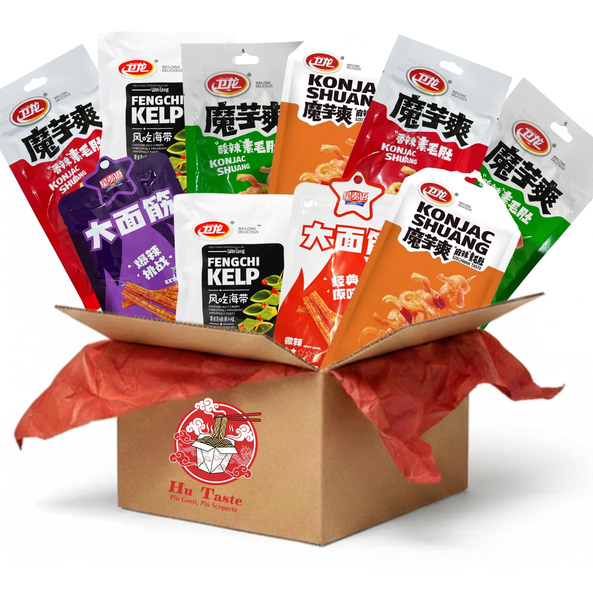 HU TASTE Mix Snack Salati Orientali 10 Pezzi Box Cibo Cinese e Giapponese con Latiao e Snack al Konjac