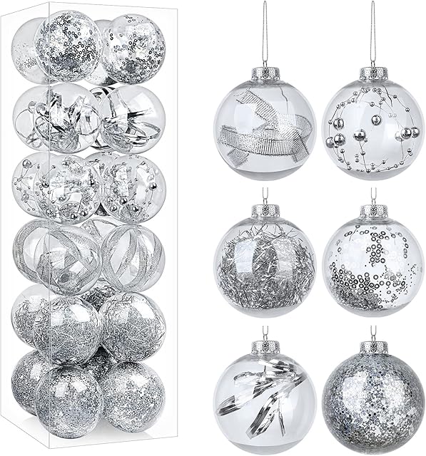 SHareconn Christmas Baubles Tree Decorations, 24 pcs 6cm Transparent Shatterproof Christmas Ornaments Balls Decoration for Christmas/Wedding/Party, Silver