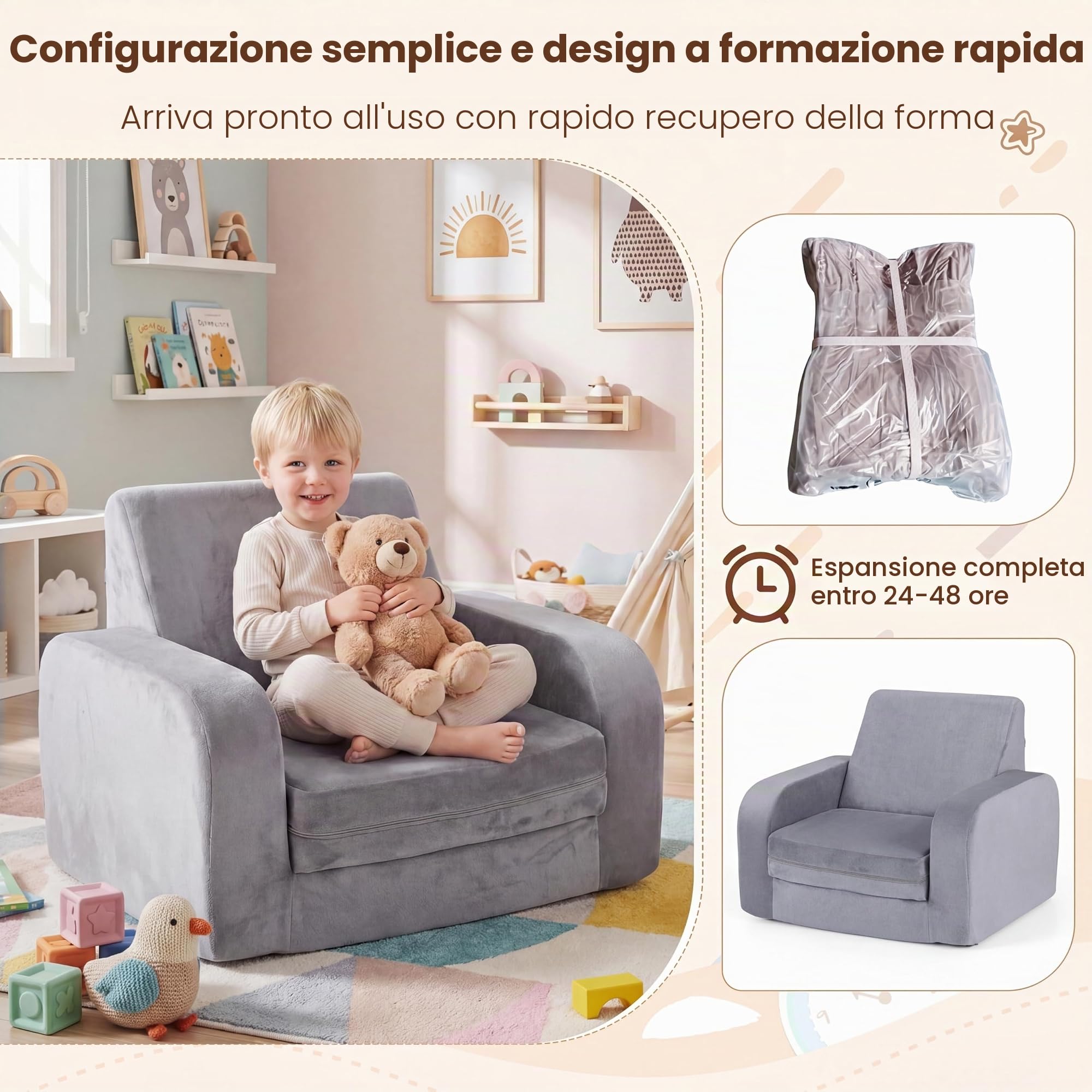 LIFEZEAL Divano per bambini pieghevole 3 in 1, mini divano per bambini pieghevole con fodera rimovibile in velluto cristallo, divano letto in schiuma, poltrona per bambini per camera da letto e sala