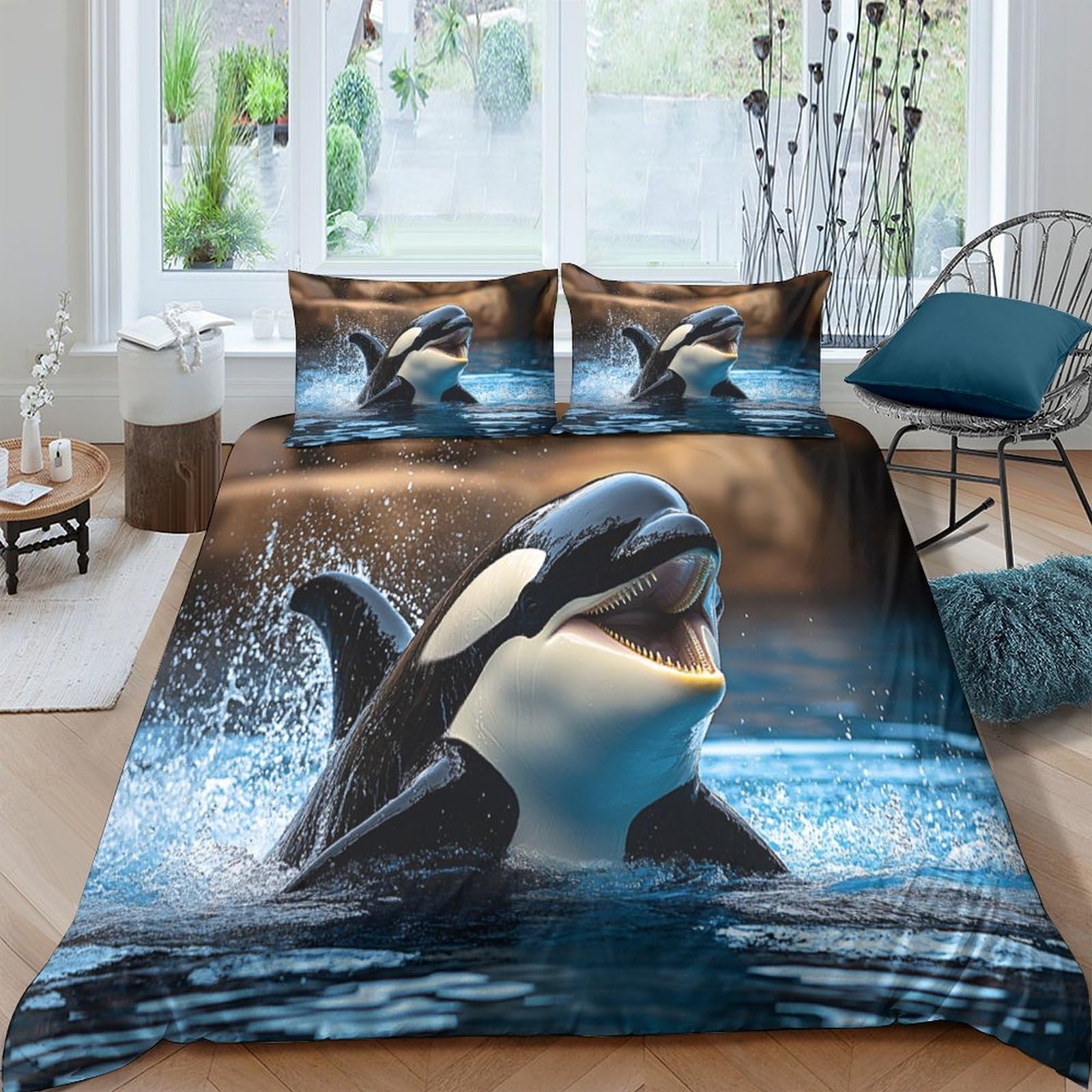 GPLZQXKJNH 3D Printed Orca Ocean Duvet Cover Microfiber Soft Breathable Whale Quilt Cover Set with 2 Pillowcases for Bedroom Decor Single（135x200cm）