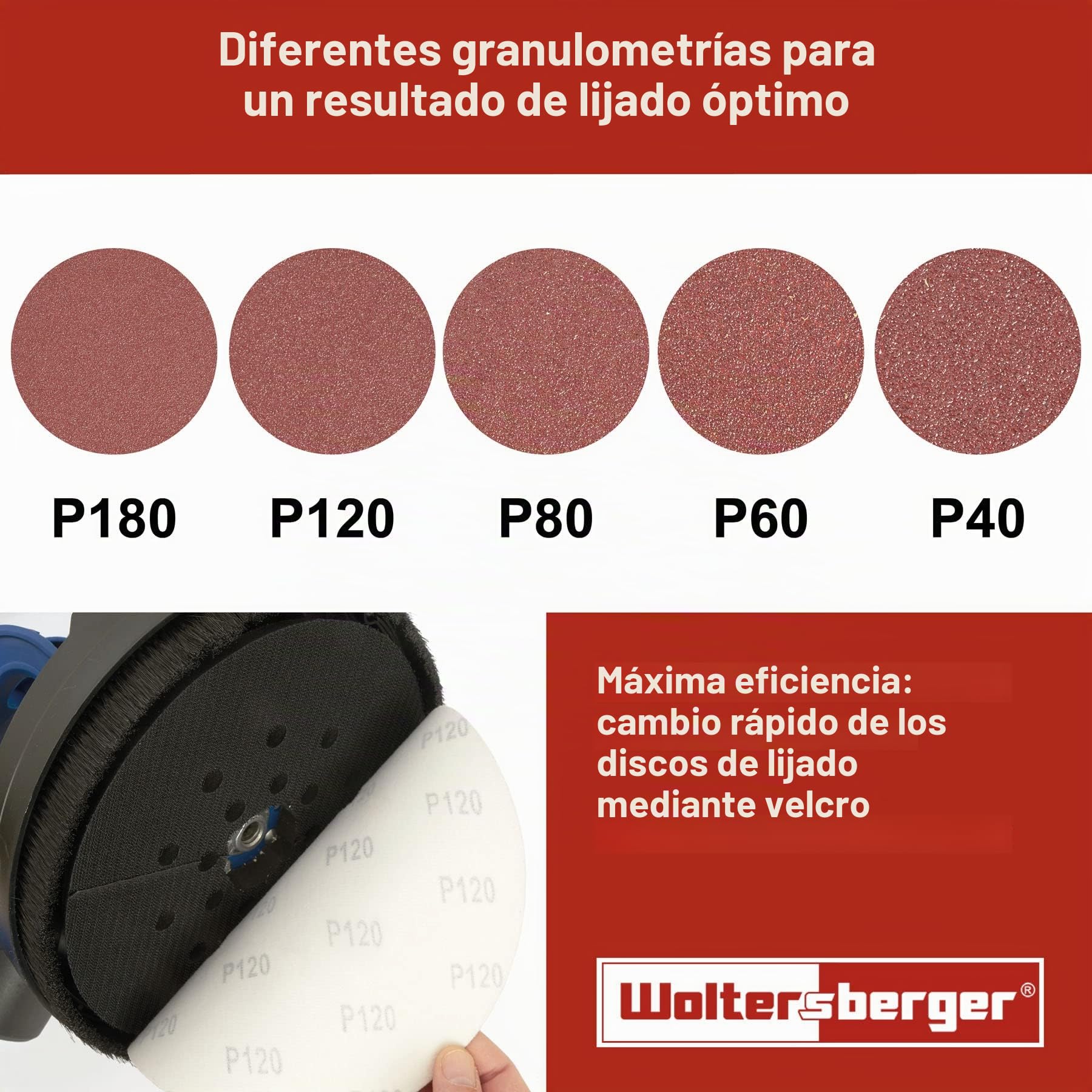 Woltersberger® Discos de lija 50 piezas Ø 180 mm | grano tamaño P40, P80, P100, P180, P320 | sin orificio en rojo