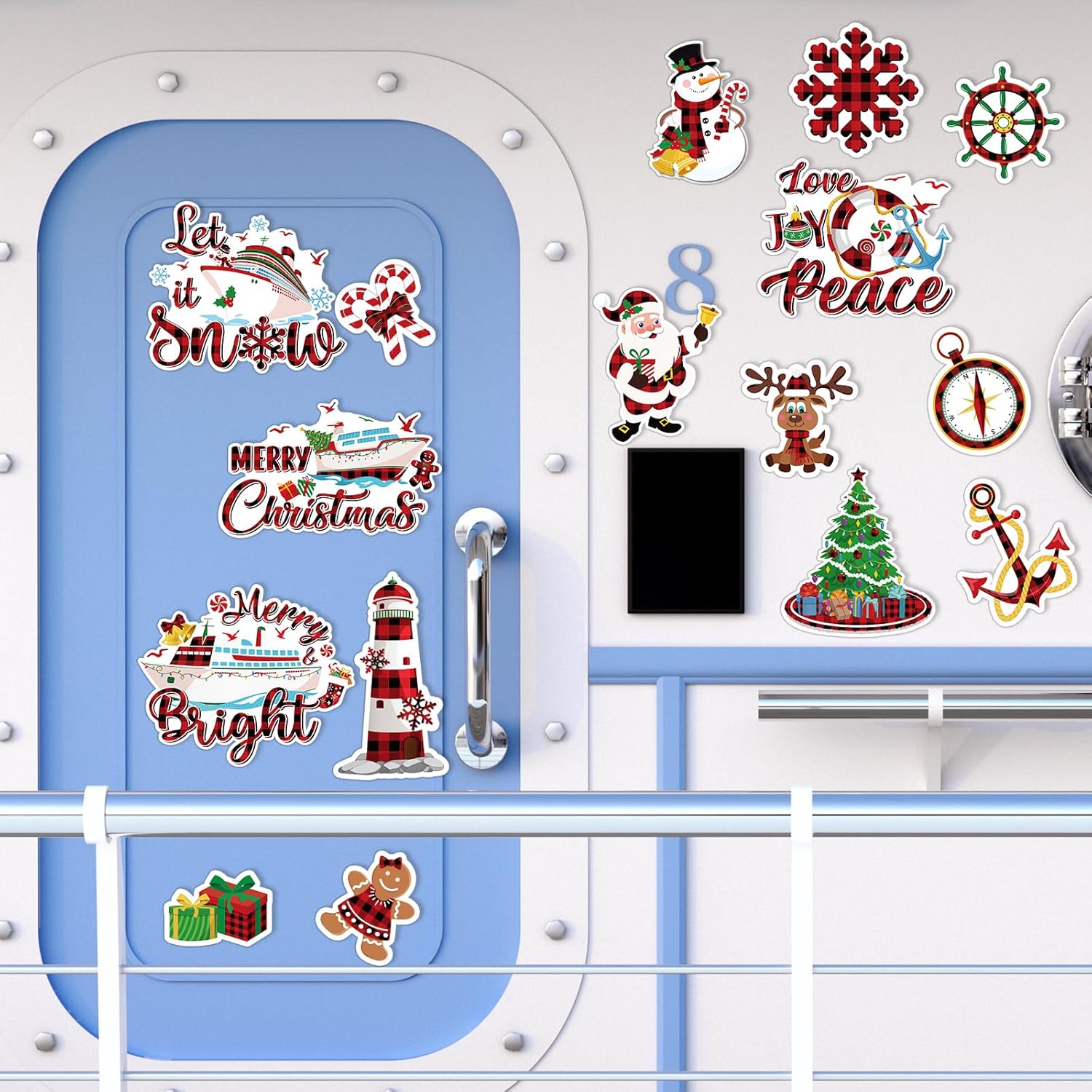 Capoda 16 Pcs Christmas Cruise Door Magnets Merry Christmas Magnets Decorations Winter Holidays Magnetic Stickers for Car Ship Xmas Holiday Refrigerator Metal Door Garage Car Decor(Buffalo Plaid)