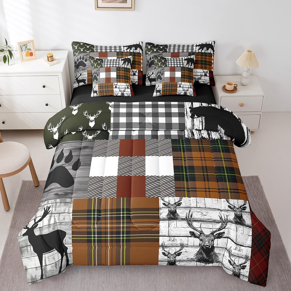 Woodland Bear Moose Comforter Set 7 Piece Bed in a Bag Twin, Buffalo Checked Plaid Grid Bedding Sets Elk Deer Hunting Animal Reindeer Comforter and Sheet Set, Rustic Vintage Lodge Cabin Room Decor
