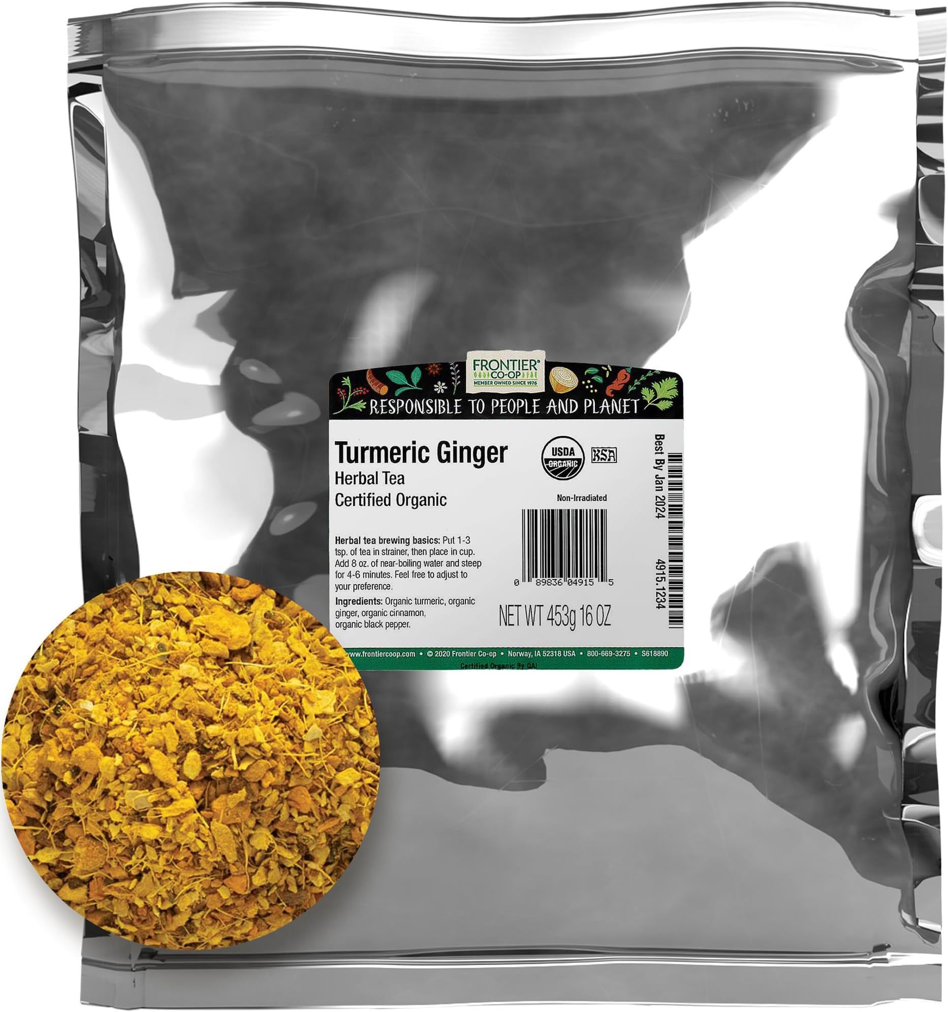 Frontier Co-op Organic Turmeric Ginger Blend, 1lb Bulk Bag – Warming Tea Blend for Turmeric Ginger Tea, Smoothies, Cooking and Health Remedies, Kosher