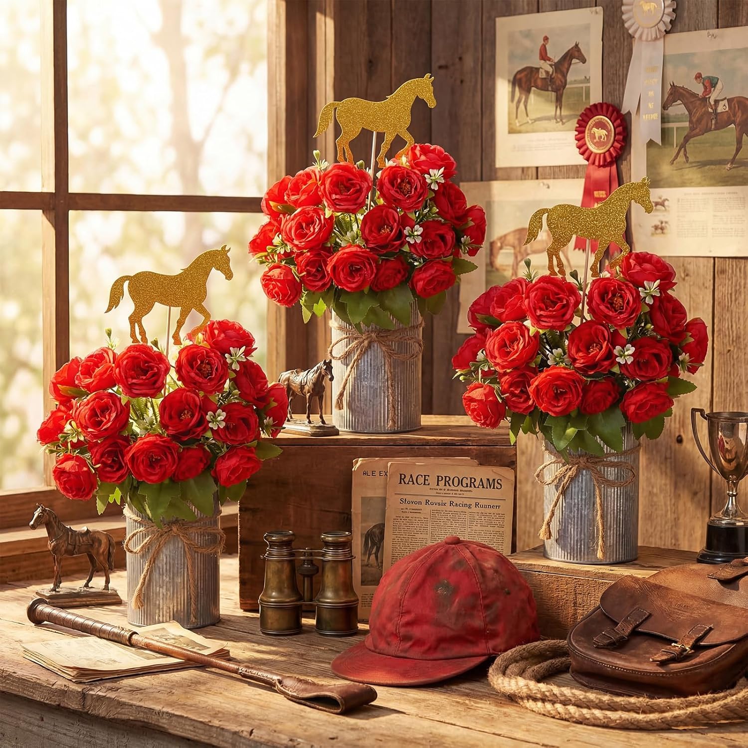 12 Pcs Derby Day Horse Party Decorations Roses Centerpiece with Horse Racing Centerpiece Sticks, Simulated Iron Flower Pots, Artificial Rose for Derby Day Racing Birthday Party Supplies