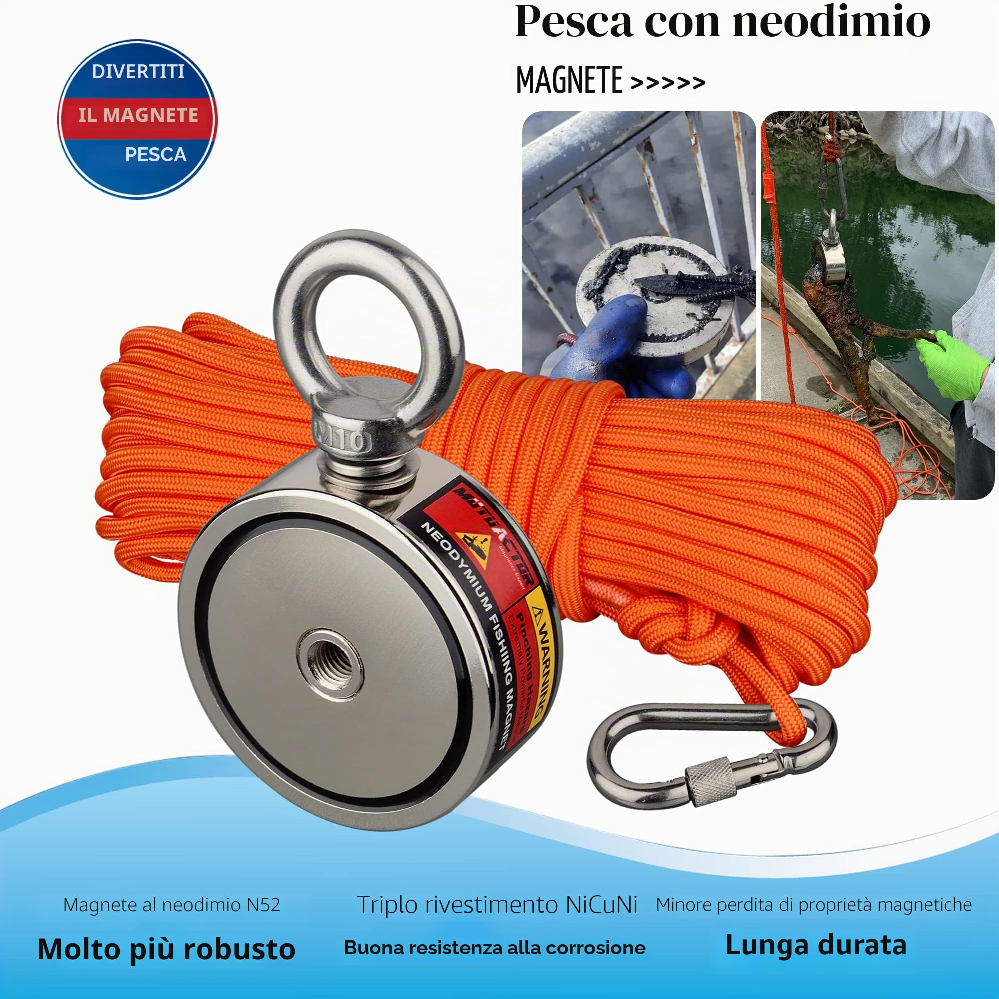 MUTUACTOR Magnete al neodimio Super Potente Combina 400KG Forza di trazione, Magnete Potente Con 20M Corda Robusta, Acquista Magnete Potente In Gioco Pesca Magnetica per la pesca magnetica e