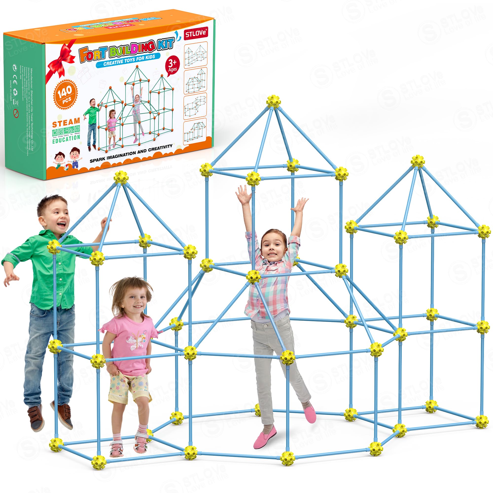 STLOVe 140 PCS Kids Fort Building Kits, Educational Toys DIY Construction Castles, Den Building Kit Play Tent for Indoor& Outdoor, Play House Toy Building Sets for 5+Years Old-Blue
