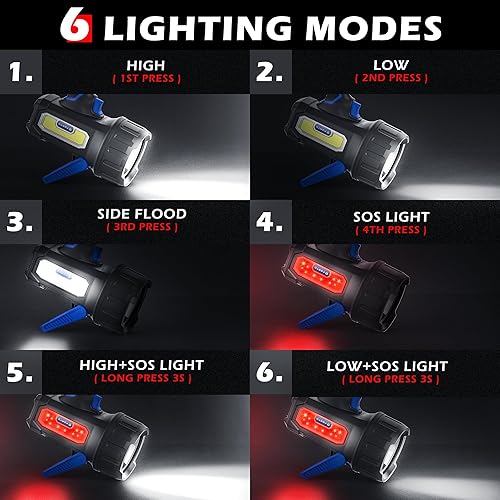 Miniatura 4 de FORTO Linterna recargable con 200000 lúmenes, foco de mano con soporte plegable, 6 modos de luz IPX7 impermeable al aire libre para navegación,