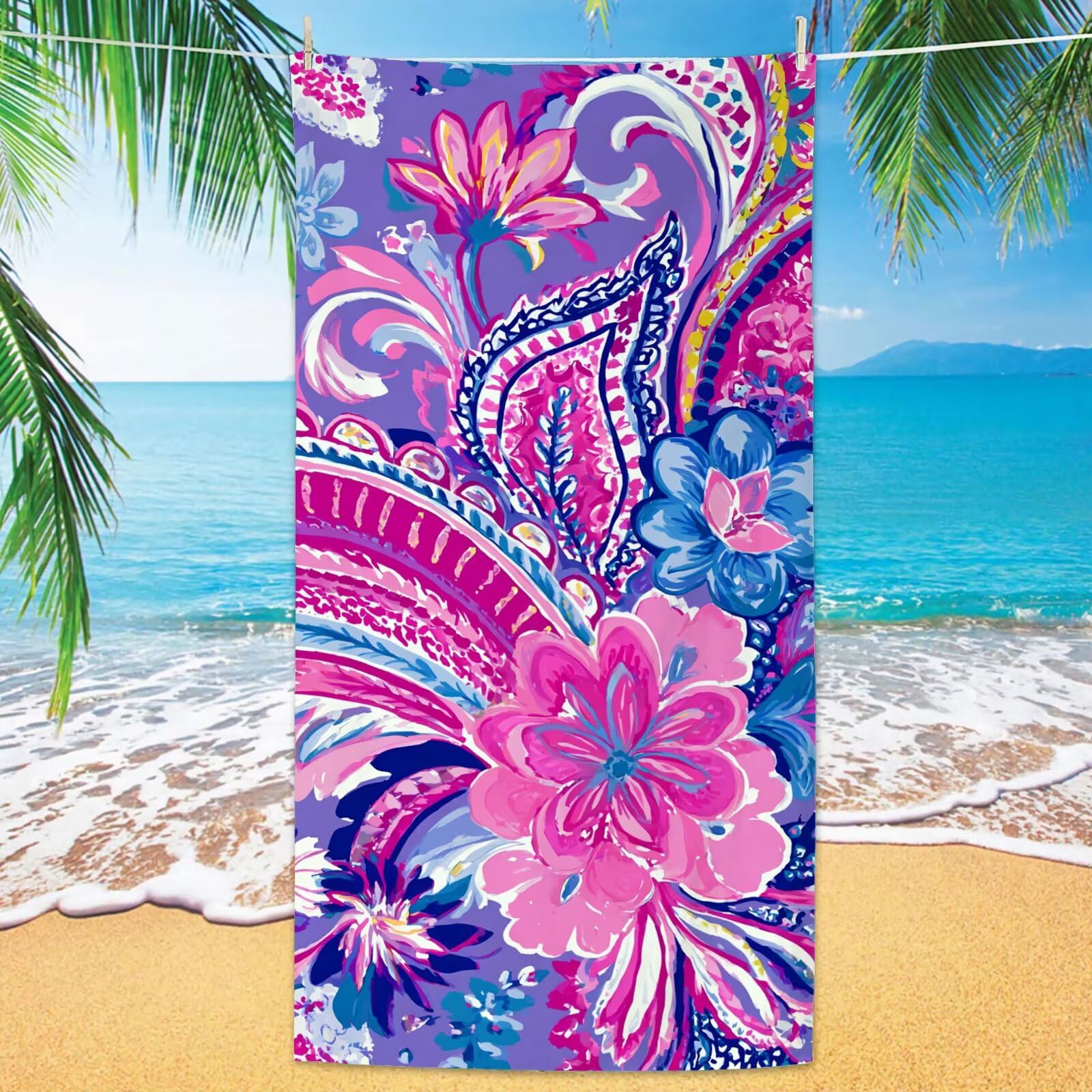 Ręcznik plażowy, kolorowy, z mikrofibry, 100 x 220 cm, abstrakcyjny, 2 sztuki, szybkoschnący, ultra cienki, lekki, kompaktowy, z torbą, dla kobiet i mężczyzn, na kemping, fitness, urlop YJ-977