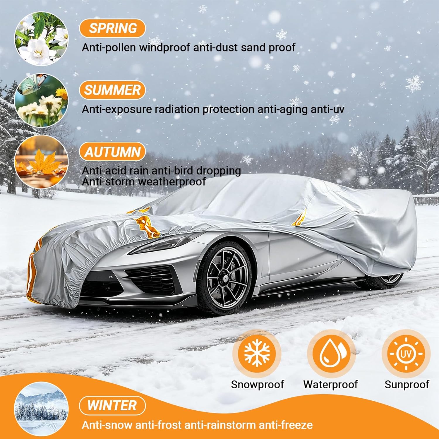 Car Cover Custom Fit for Corvette C8 Stingray 2020-2025, Waterproof All Weather Car Cover with Zipper Door & Windproof Straps, Heavy Duty Full Cover for Sun Snow Rain UV Protection, Easy to Clean