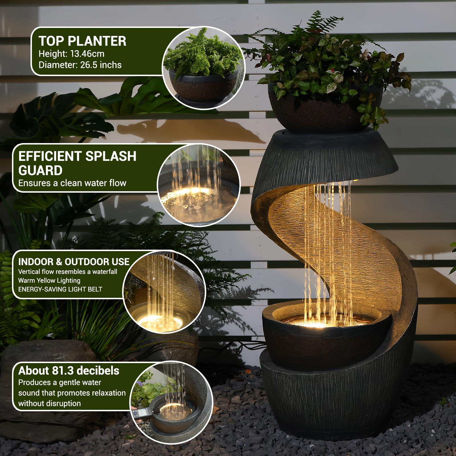 Bumilgar Gartenbrunnen Brunnen Zierbrunnen Zimmerbrunnen Brunnen Springbrunnen mit LED-Licht Wasserfall Wasserspiel für Garten,Balkon,Terrasse, 82 cm
