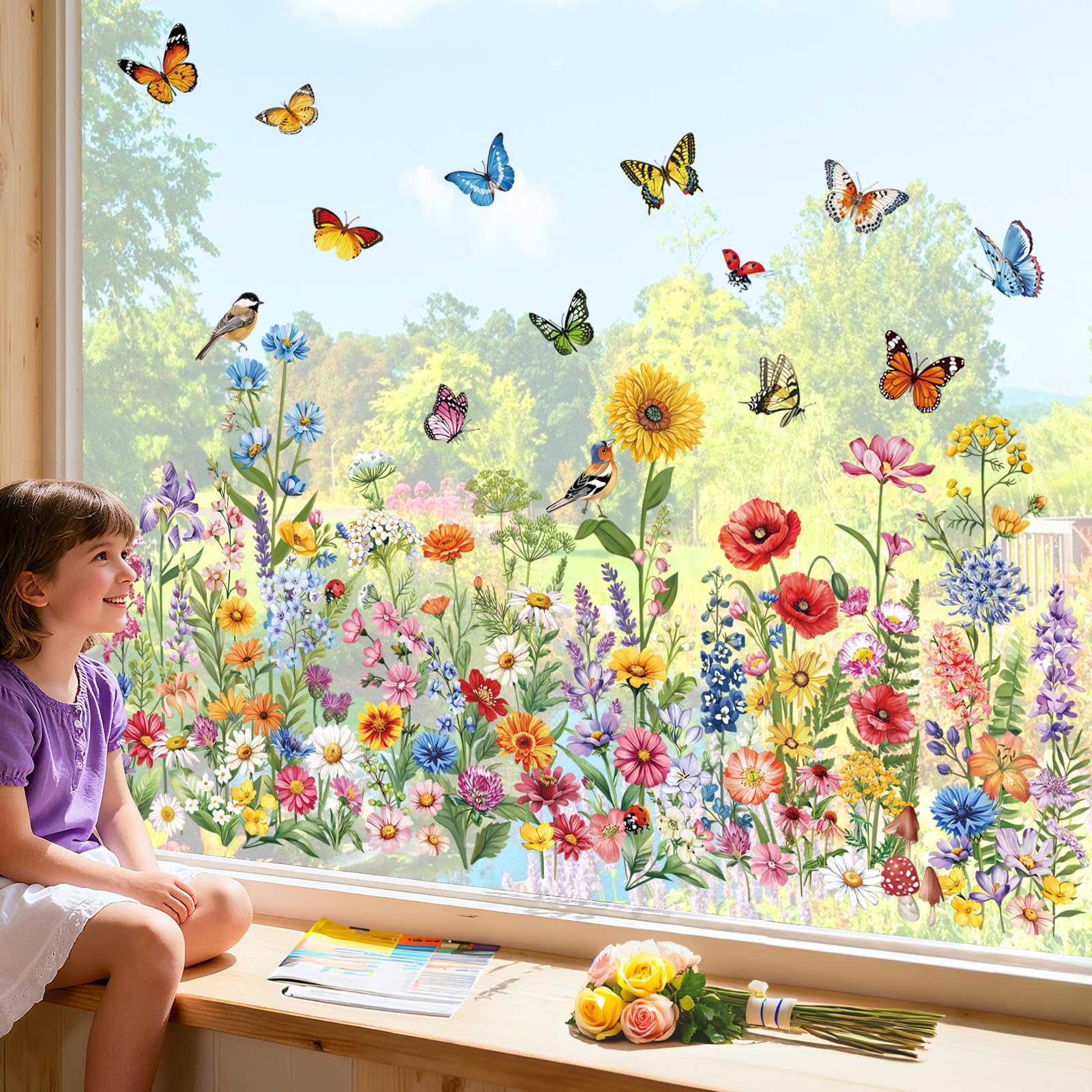 decalmile Autocollants Fenêtre Fleur de Jardin Printemps Été Anti-Collision Stickers Floral Sauvage Papillon Tournesol Stickers Vitre Anti-Adhésifs Fenêtre Porte Cuisine Décalques