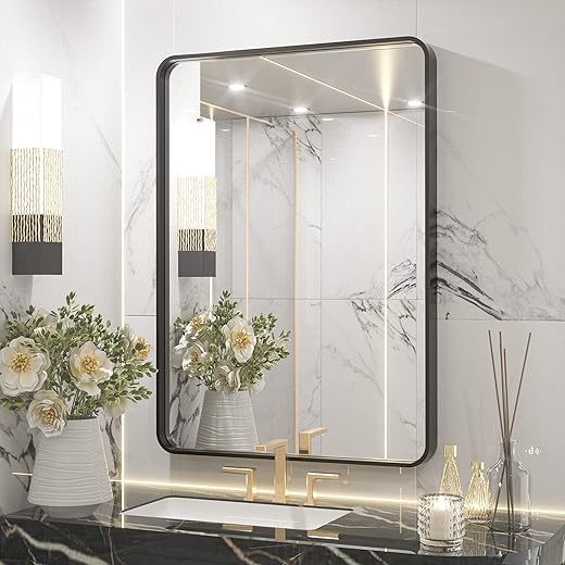 TETOTE Black Framed Mirrors for Bathroom, 2 Inch Thick Frame 22 x 30 Inch Brushed Metal Frame Wall Mounted Rectangle Mirror for Vanity(Horizontal/Vertical)