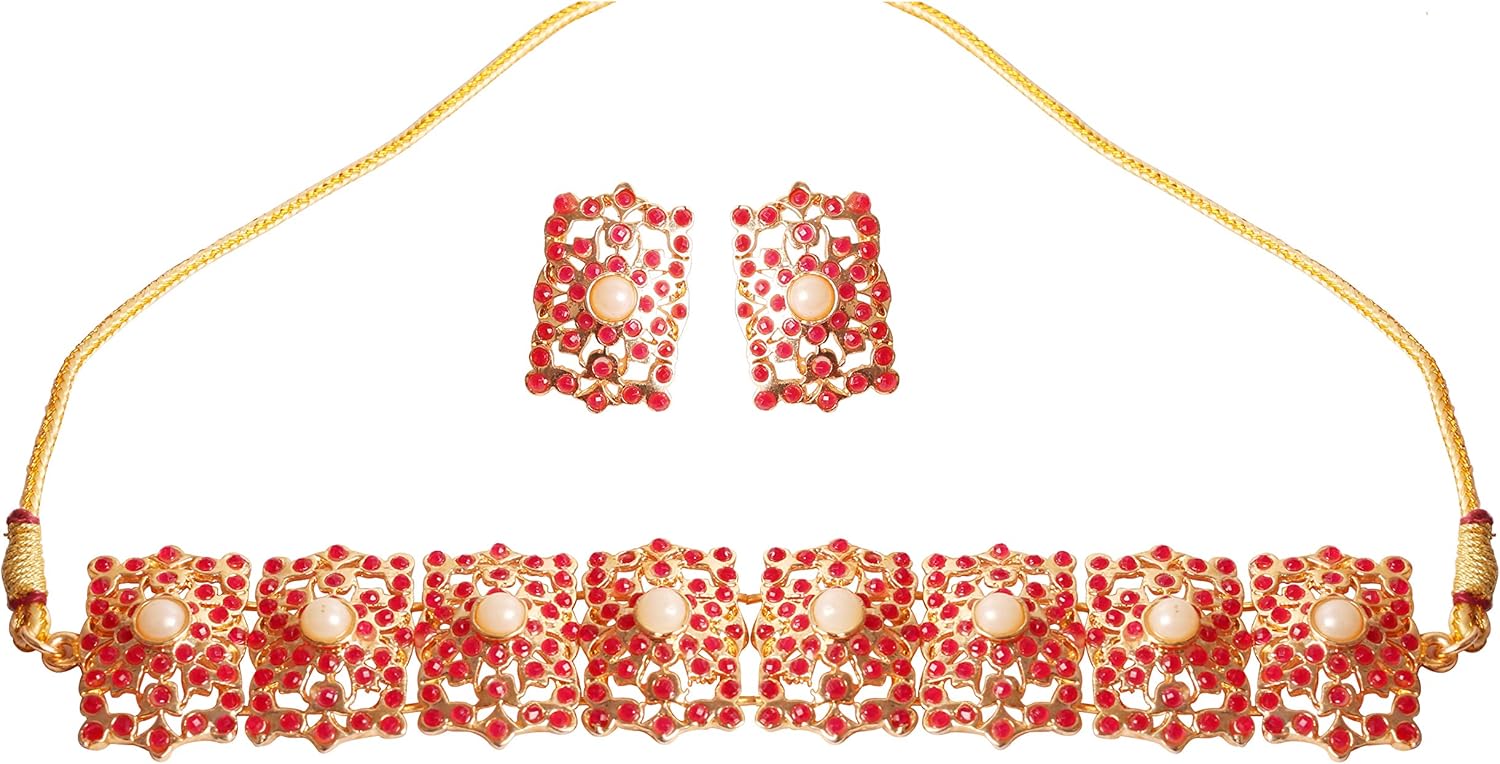 Touchstone Indian Bollywood Mughal Era Inspired Mesh Work Faux Pearls Ruby Studded Look Designer Choker Necklace Set Jewelry In Gold Tone For Women