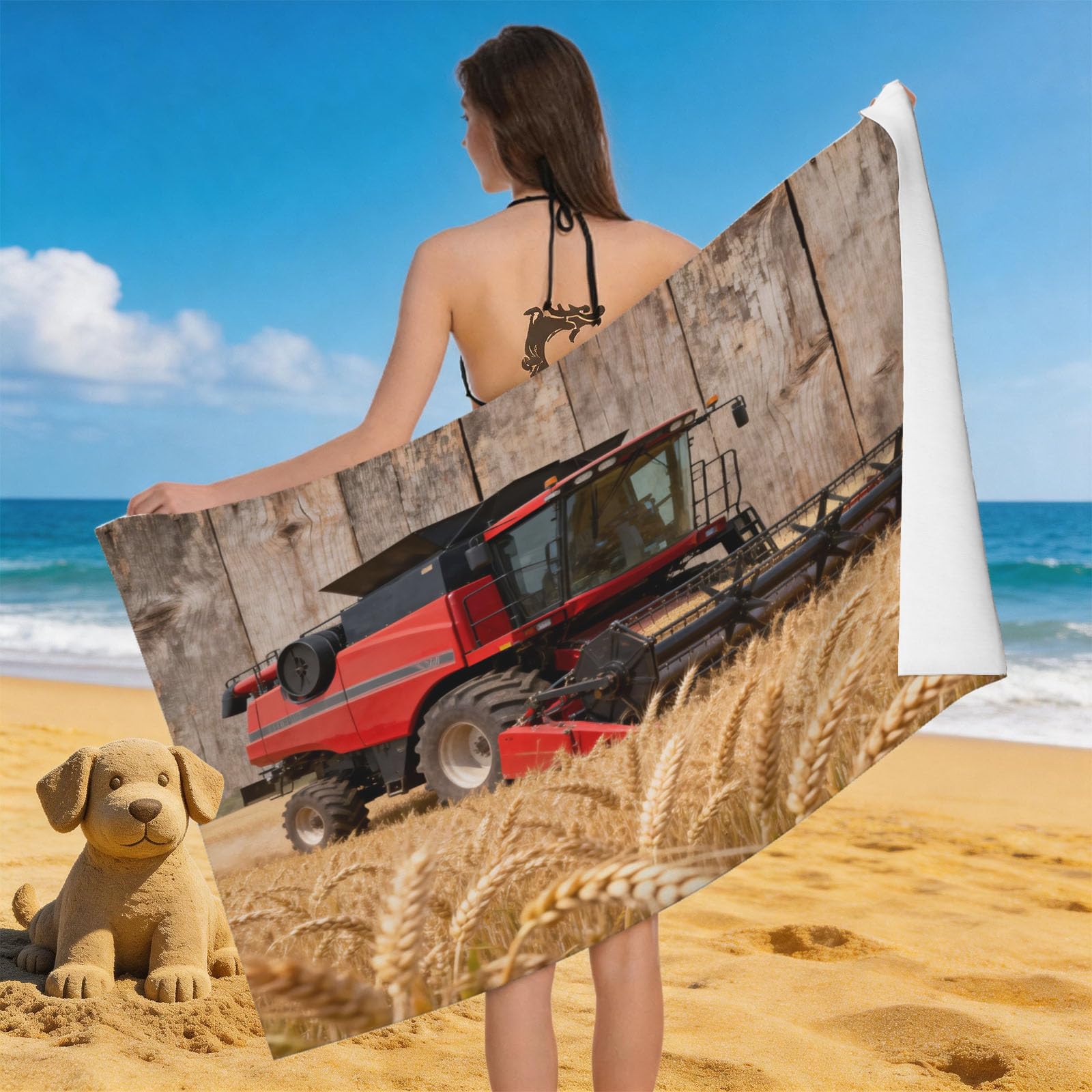 Leichong 3D Harvester Beach Towel Microfiber Soft Quick Dry for Adults, Machinery Bath Towel Lightweight Soft Absorbent for Travel Swimming Pool Sports, 75 x 150 cm