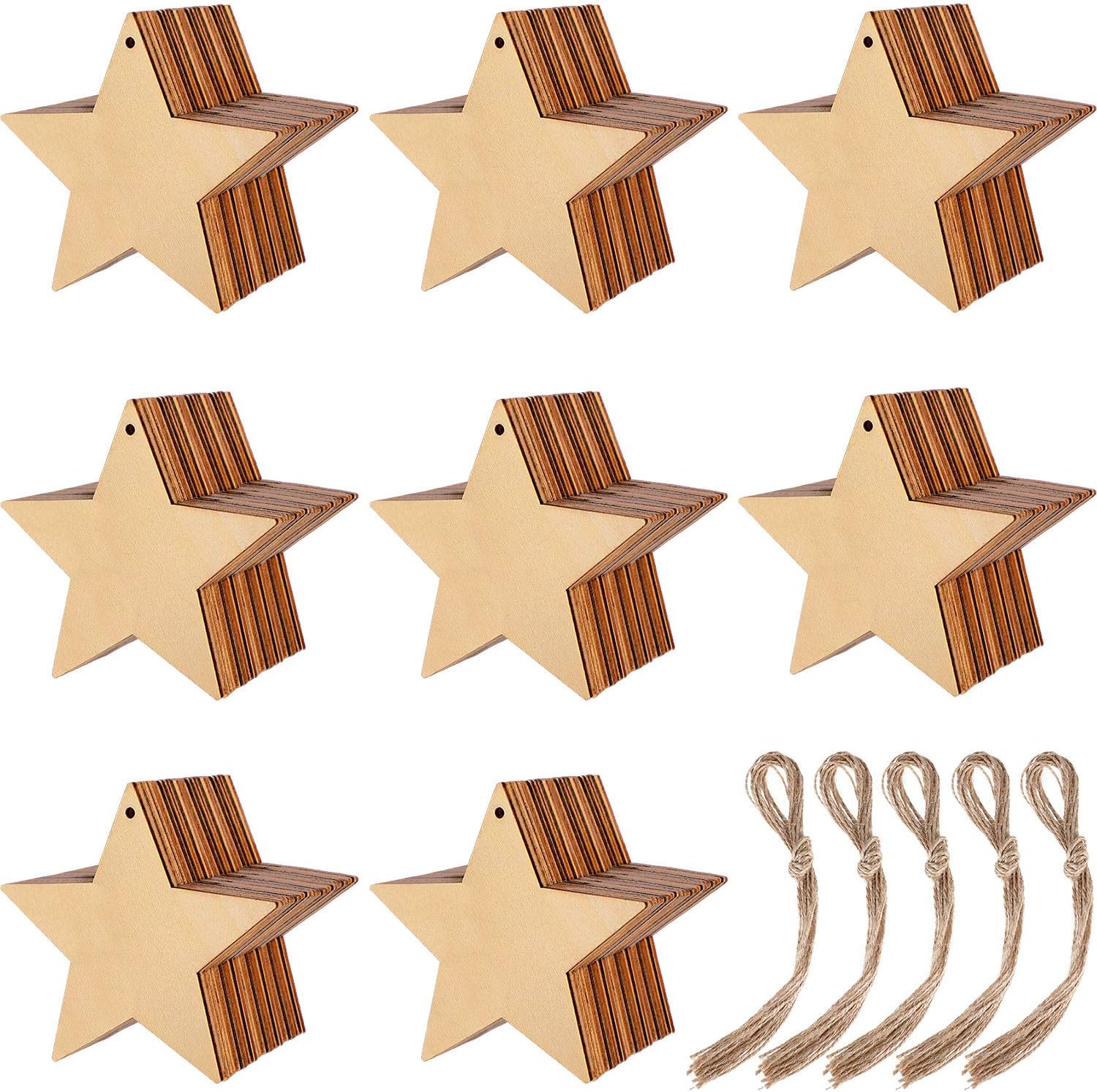 Blulu 100 Pieces Christmas Wooden Ornaments Star Round Wood Slices Wood Snowflake Angel Shape Christmas Tree Hanging Embellishments with 100 Pieces Cords (Style 2)